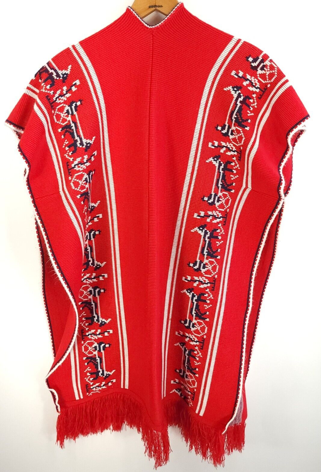 Vtg Handmade Poncho Folk Horses Print Amish Theme Multicolor Stripes Fringe Hem