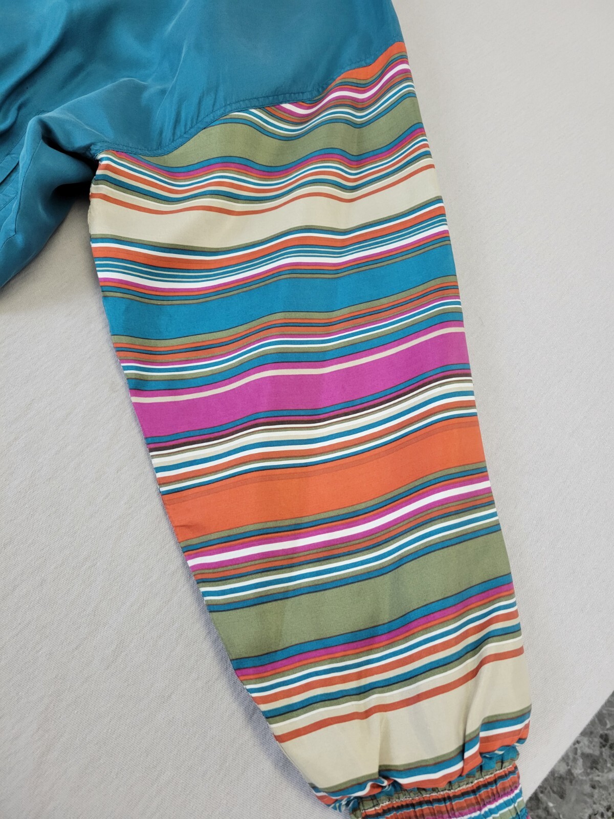 Out Brook Snap Up Track Suit 100% Silk Teal Stripes Boho 80’s Vintage