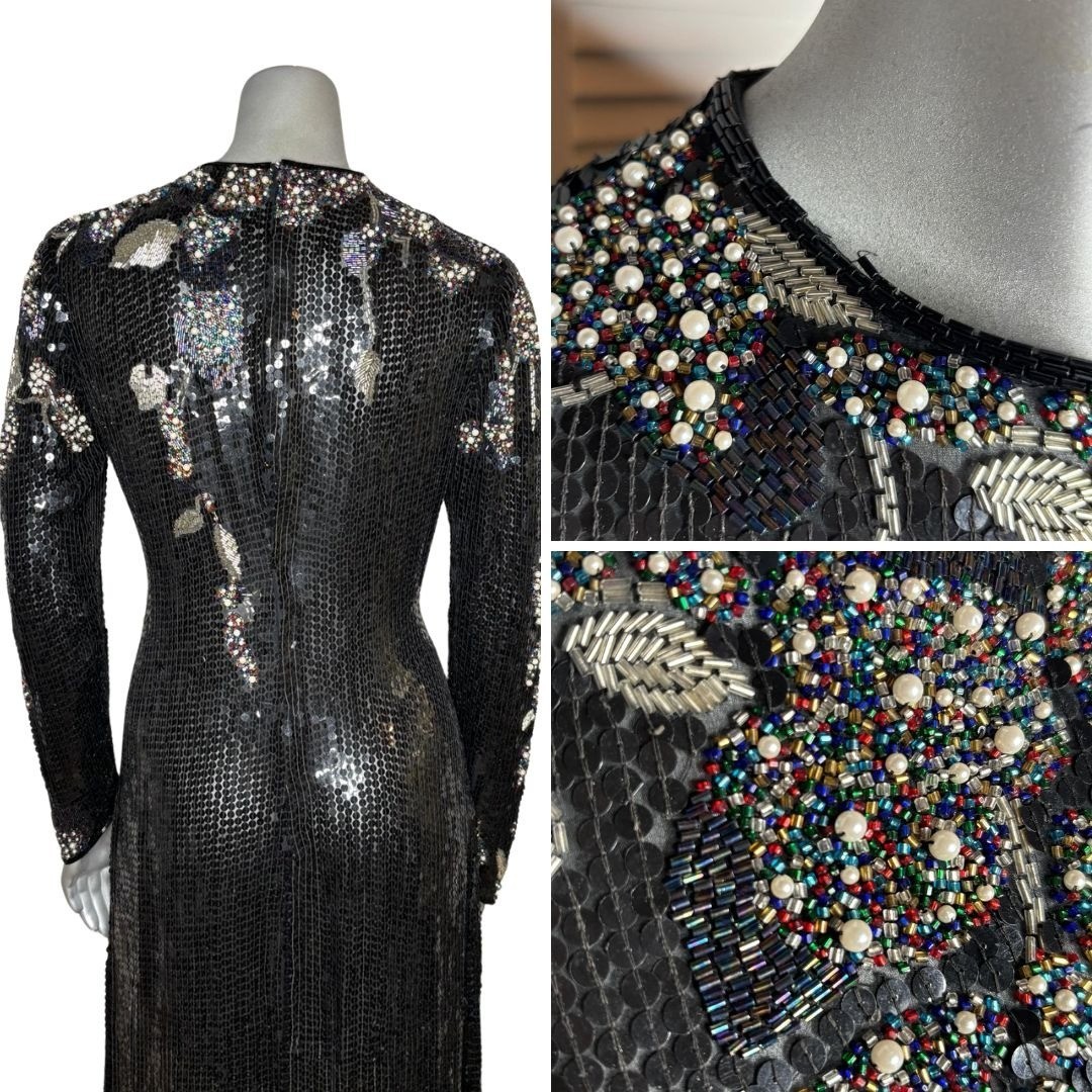 Vintage 90s RIAZEE Couture Black Beaded Sequin Silk Evening Gown Formal Dress 6