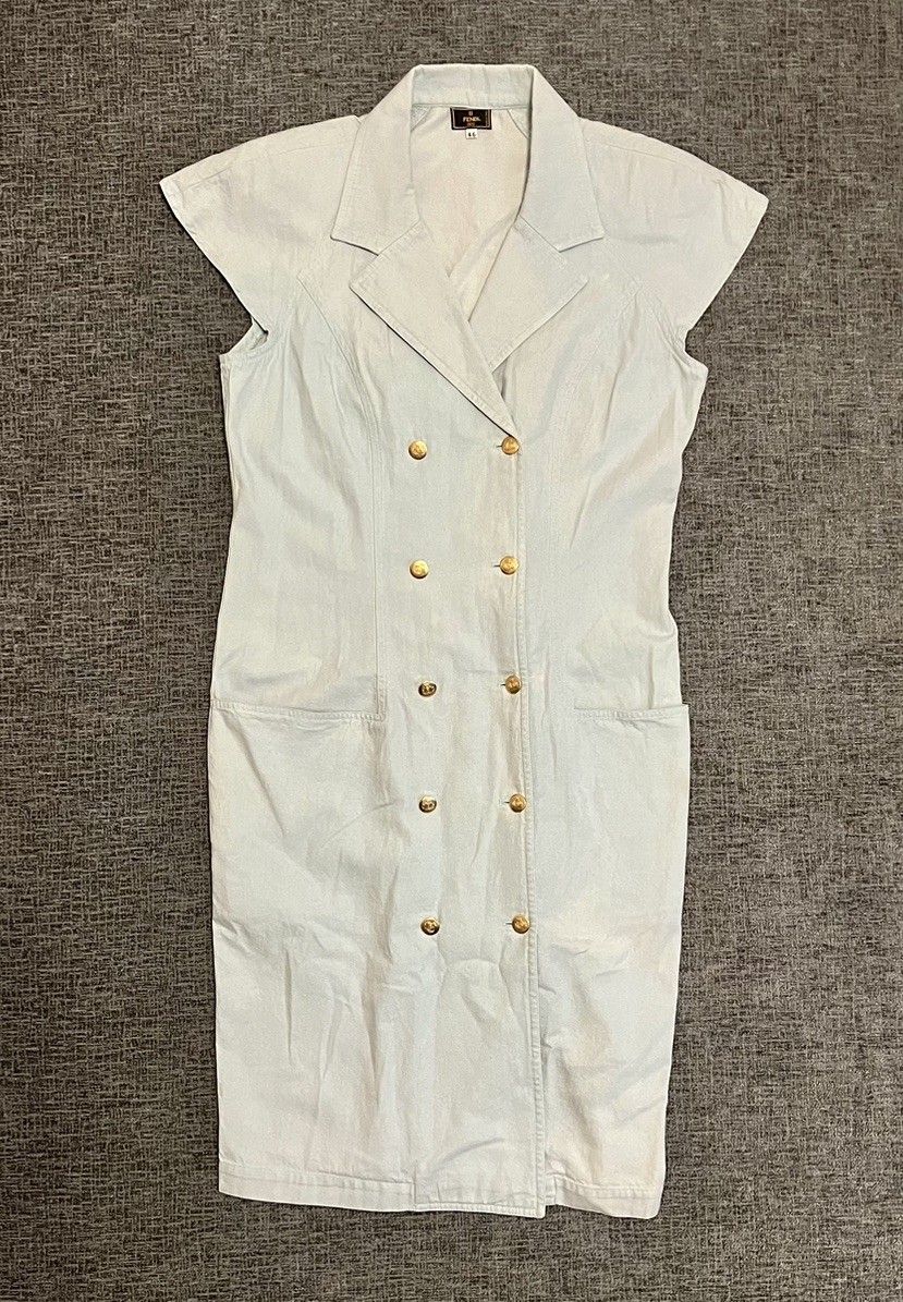 Vintage 1970s Fendi Cotton Safari Dress Double Breasted Gold Buttons Italy Blue
