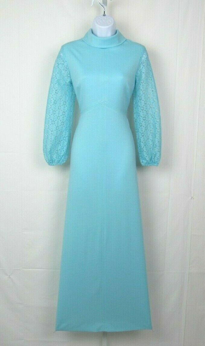 VTG 1950s ESTIVO POWDER BLUE EVENING DRESS SIZE 14 ALENCON LACE ARMS