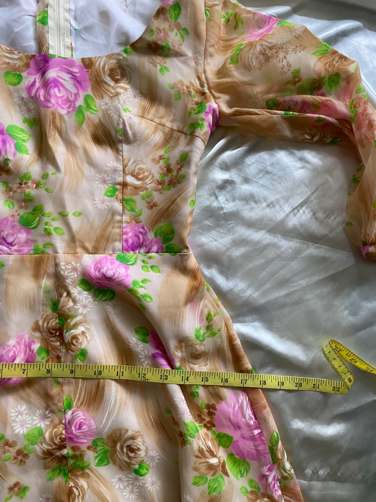 Vintage 1970s Floral Rose Prairie Boho Maxi Long Sleeve Gown Small Handmade