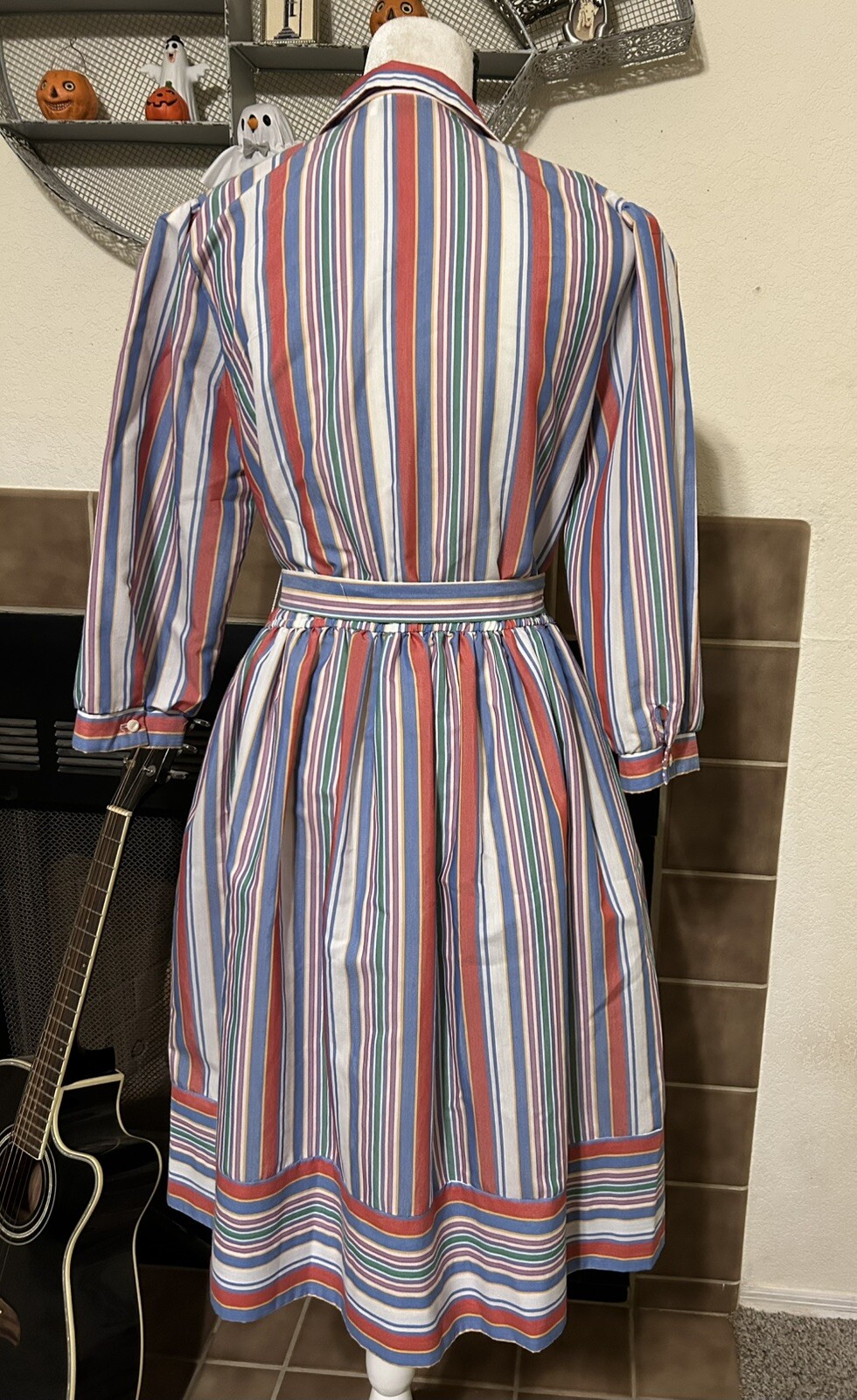 Vintage 1970s Dress Serbin Fit and Flare Striped Shirtdress Sz Large