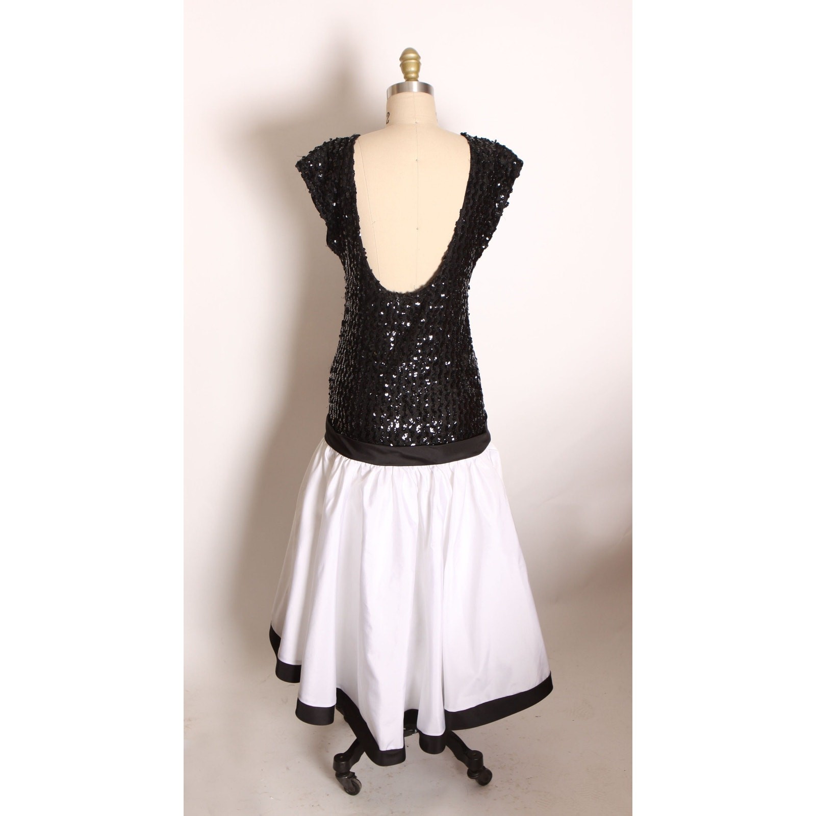 1980s Black White Sequin Asymmetrical Formal Dress by Precious Moments