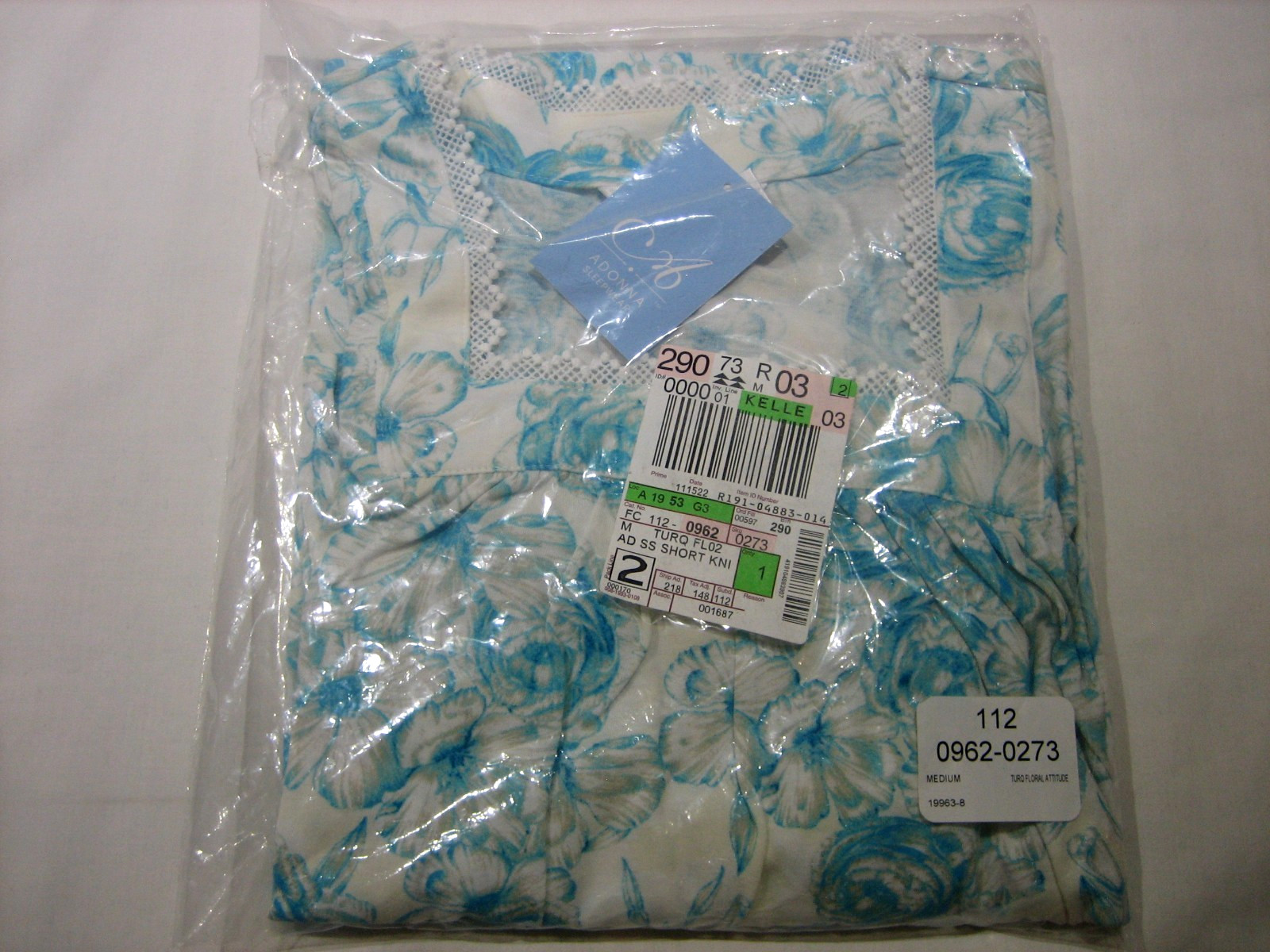 VINTAGE ADONNA TURQUOISE FLORAL KNIT SHORT SS NIGHTGOWN MEDIUM
