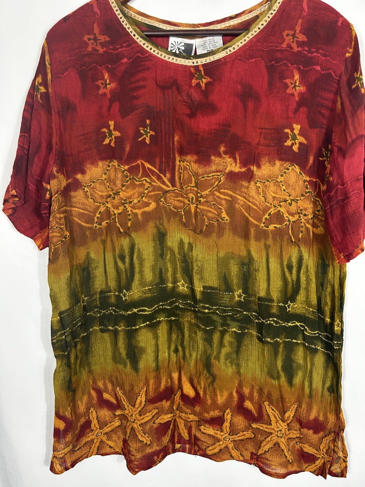 Rhool Vintage 90s Earthtone Ethnic Tribal Gauzy Tunic Top Beach Starfish Size M