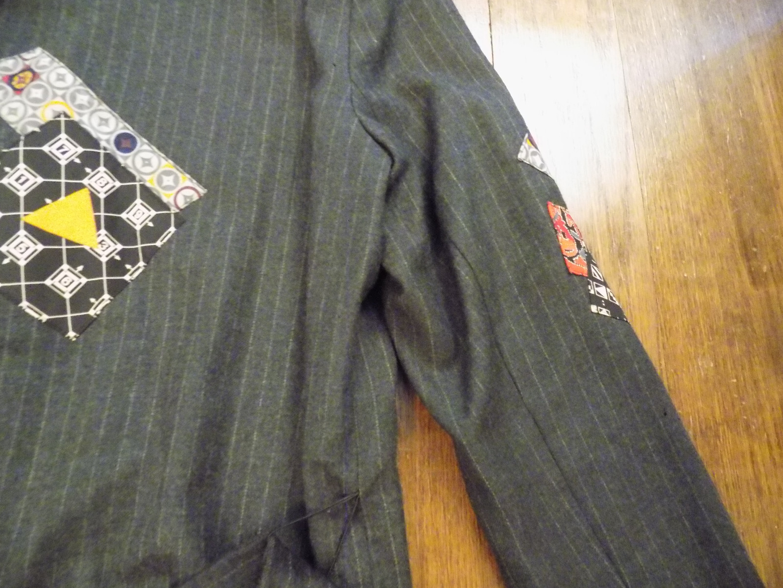 Vtg Canvasbacks Art to Wear Patchwork Blazer Pinstripe Gray Belt Suit Jacket XS