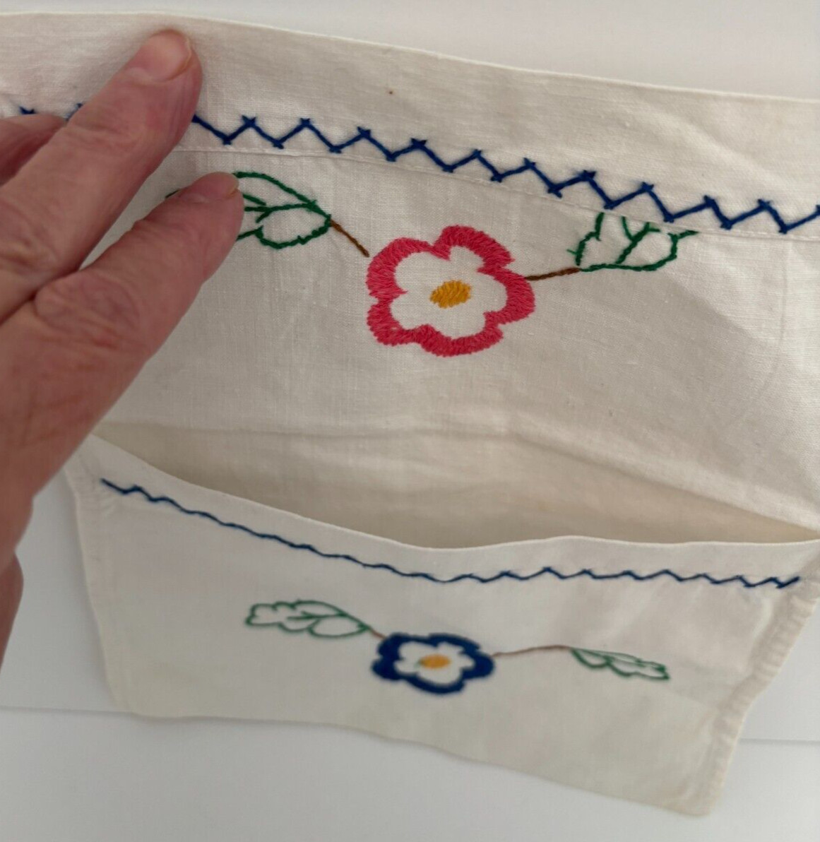 Vtg Pink Blue Embroidered Floral Hanky Hosiery LINGERIE CASE Cotton WALL POCKET