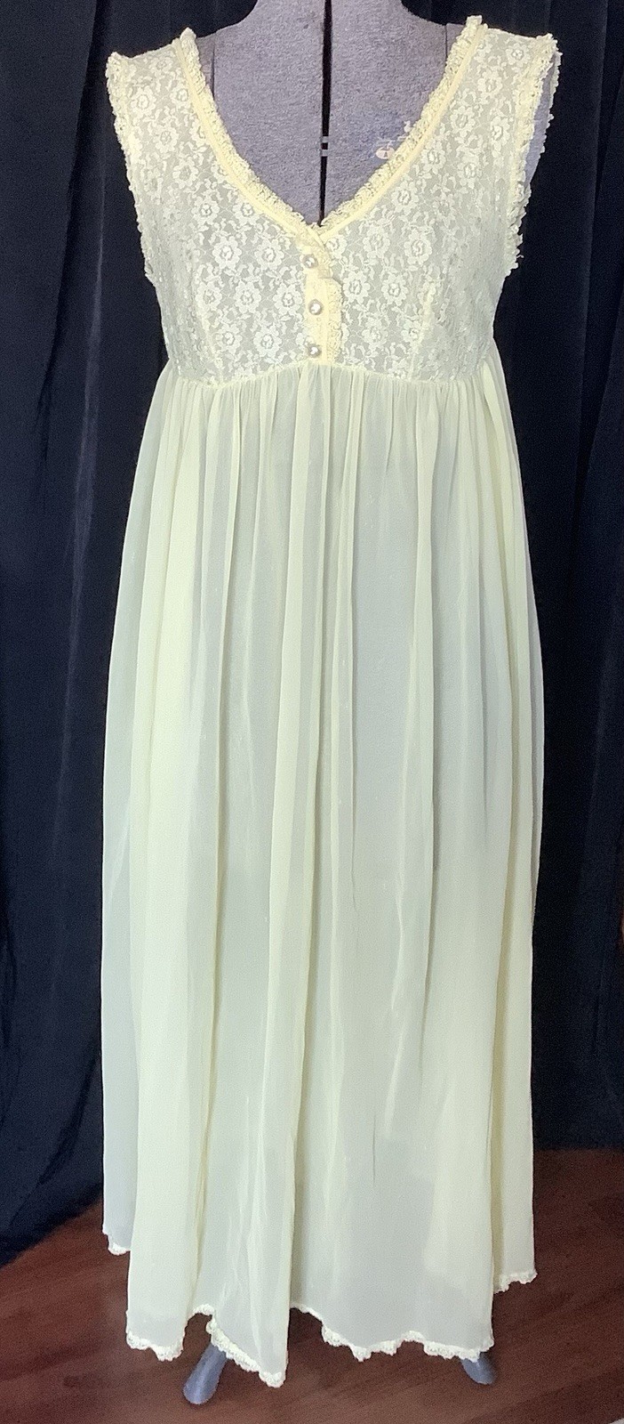 Vintage 1960’s Lemon Yellow Nylon Nightgown Empire Waist Lace Bodice Trim Sheer