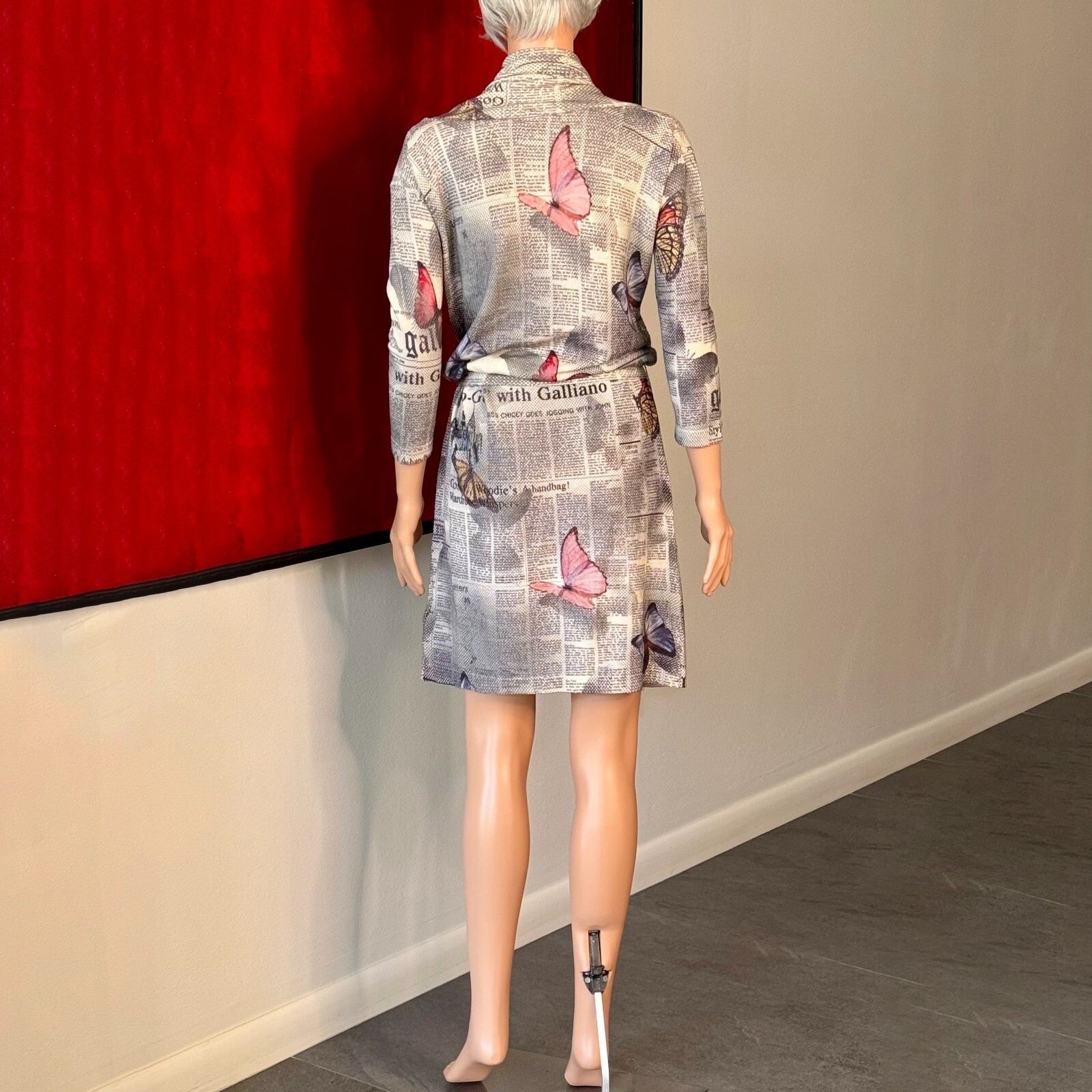 JOHN GALLIANO 2000s Gazette Newspaper Butterfly wool stretch dress print size M
