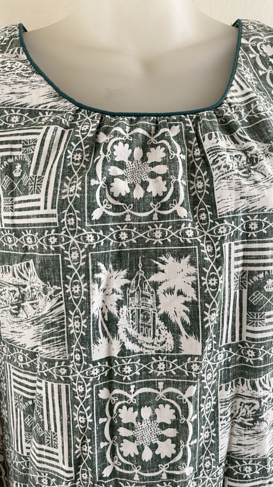 Vtg 1980s 90s REYN SPOONER Green Hawaiian Lahaina Sailor Print Mumu Muumuu-Sz XS
