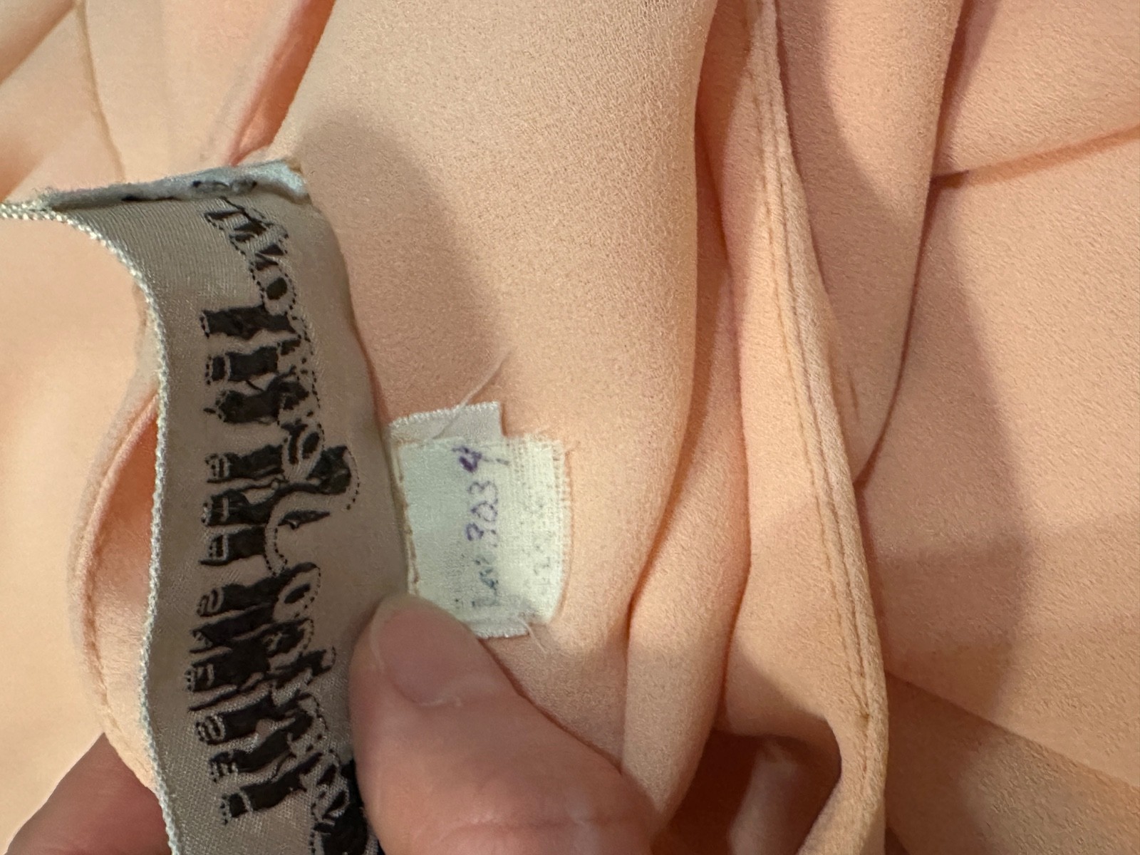 1970s Enrico Serrati Apricot Tiered Chiffon Maxi Dress w Shoulder Rosette Fit xS