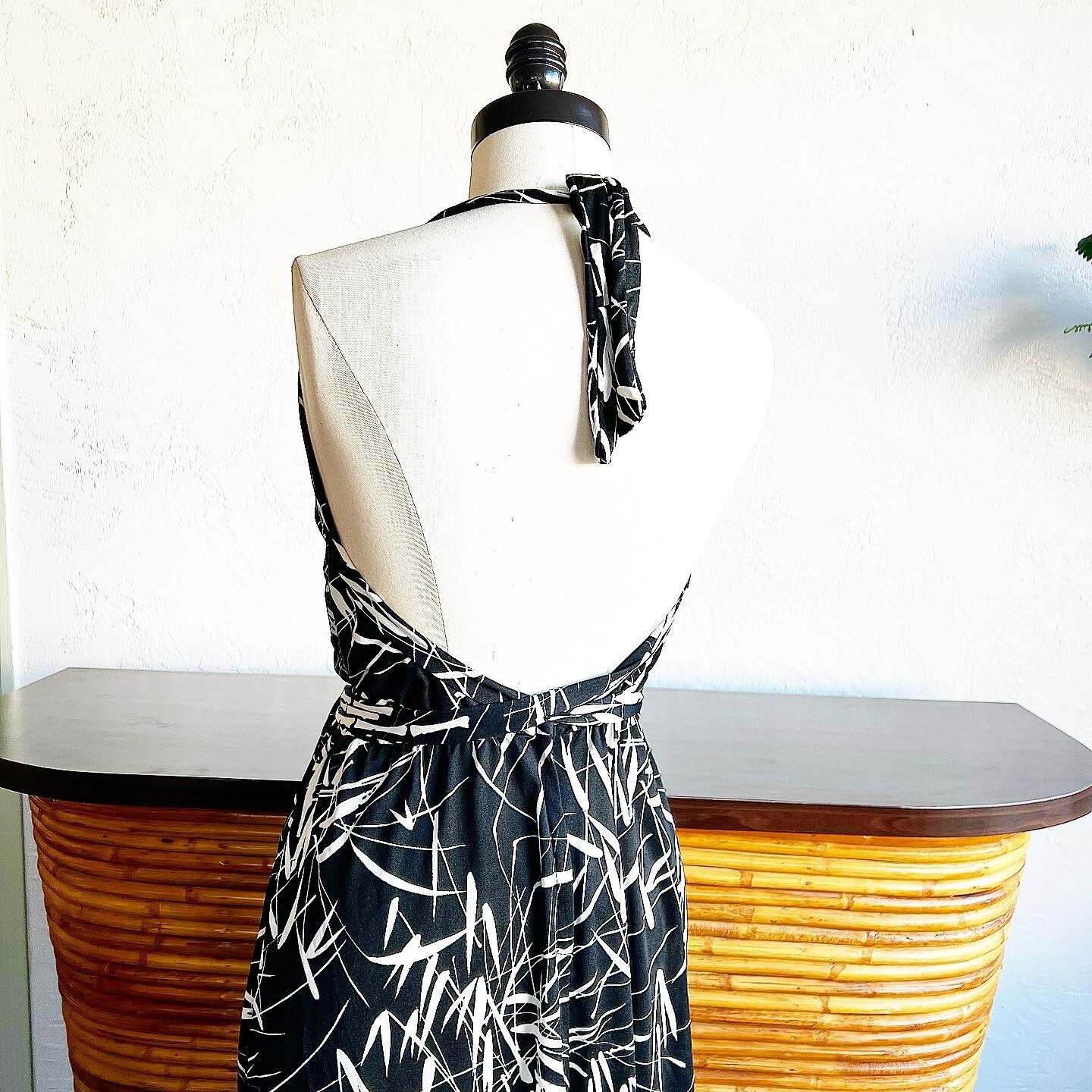 JOY STEVENS CALIFORNIA 70’s Black White Bamboo Tropical Vintage Halter Dress M