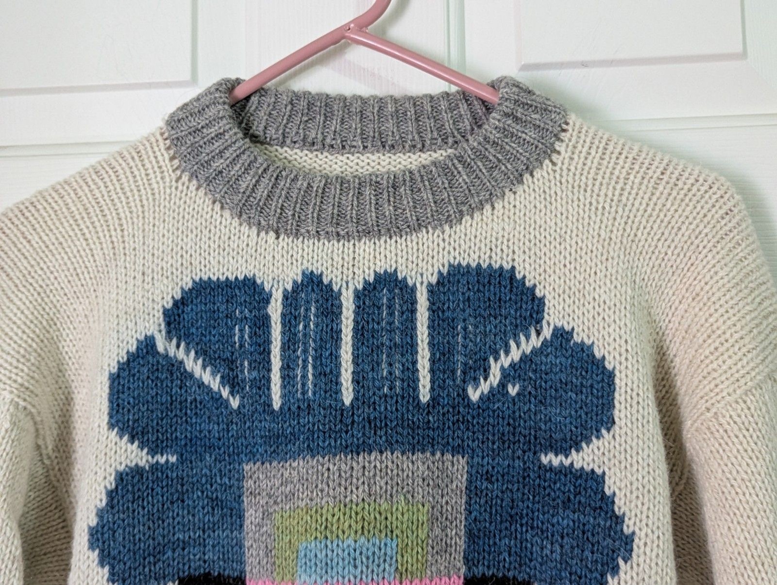 VTG Hand Knit Wool L/S Sweater Womens XL Beige Gray Southwestern Aztec Kachina
