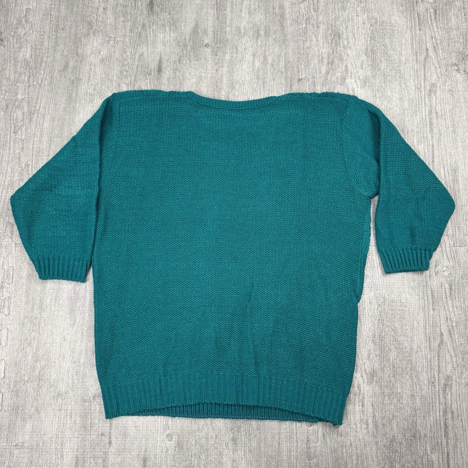 VTG 80S JESSICA COLE ELEGANT CABLE KNIT 3/4 SLEEVE USA ACRYLIC SWEATER TEAL L