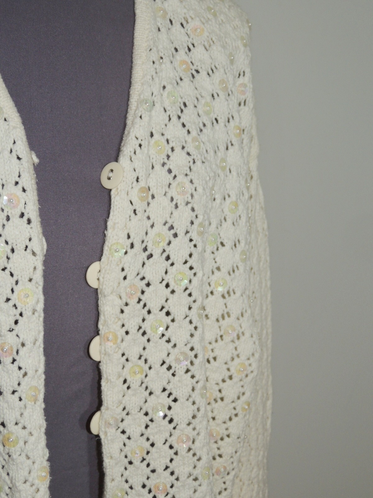 Vintage 1980’s Eminent Ramie Cotton Crochet Cardigan Sweater w Sequins S