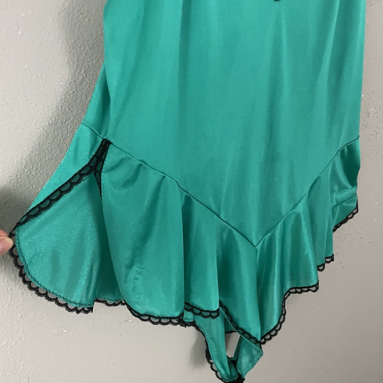 Vintage 80s Lingerie Teddy Romper Size 40 Roamans Green Satin Sissy Black Lace