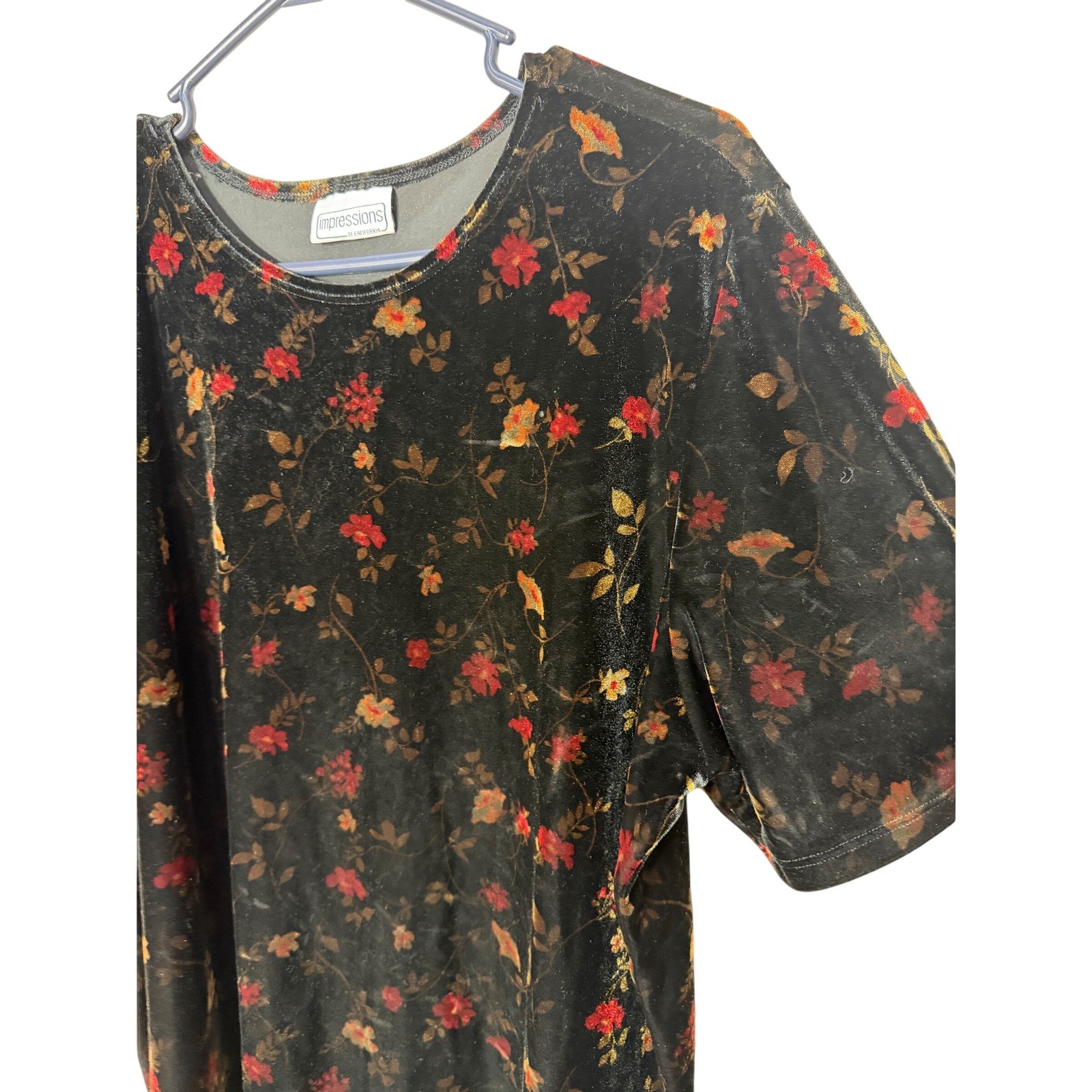 Vintage Impressions of California Black Velvet Floral Short Sleeve Top Blouse XL
