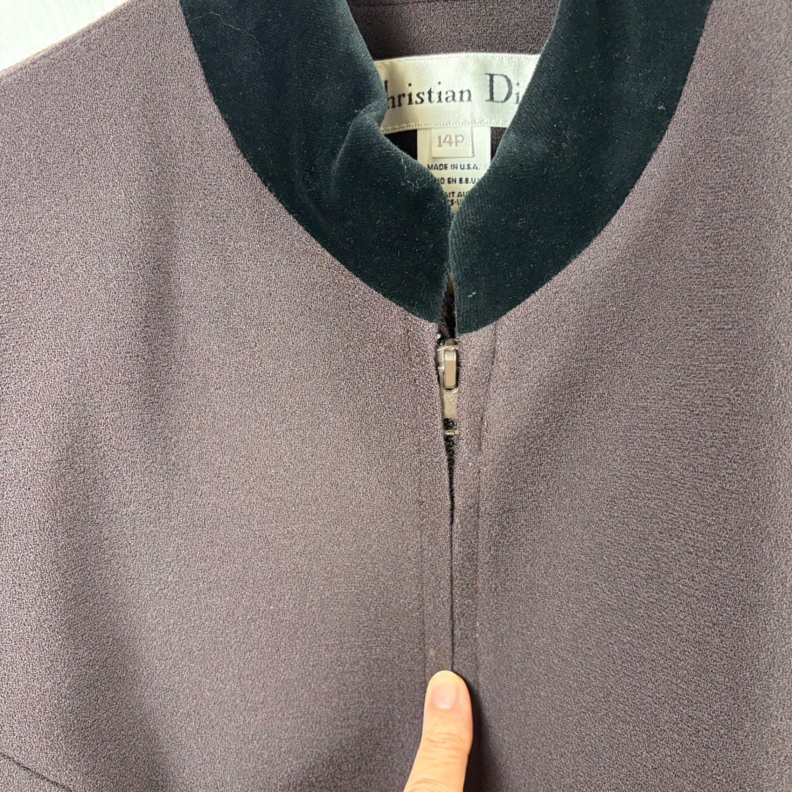 Vtg Christian Dior Skirt Suit 14P Brown Wool Velvet Trim Zip Jacket Luxury