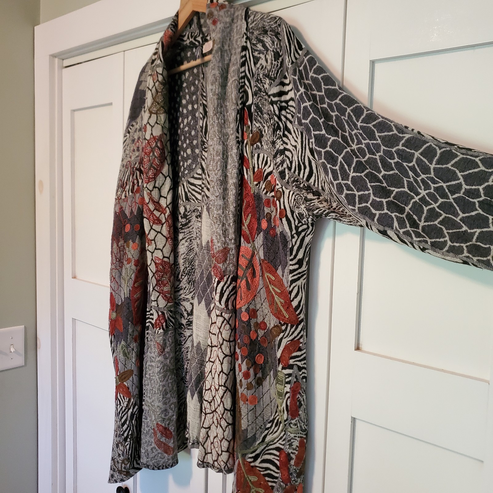 VTG Anu Wool Patchwork Abstract Art Open Jacket Womens S Mixed Media Embroidered