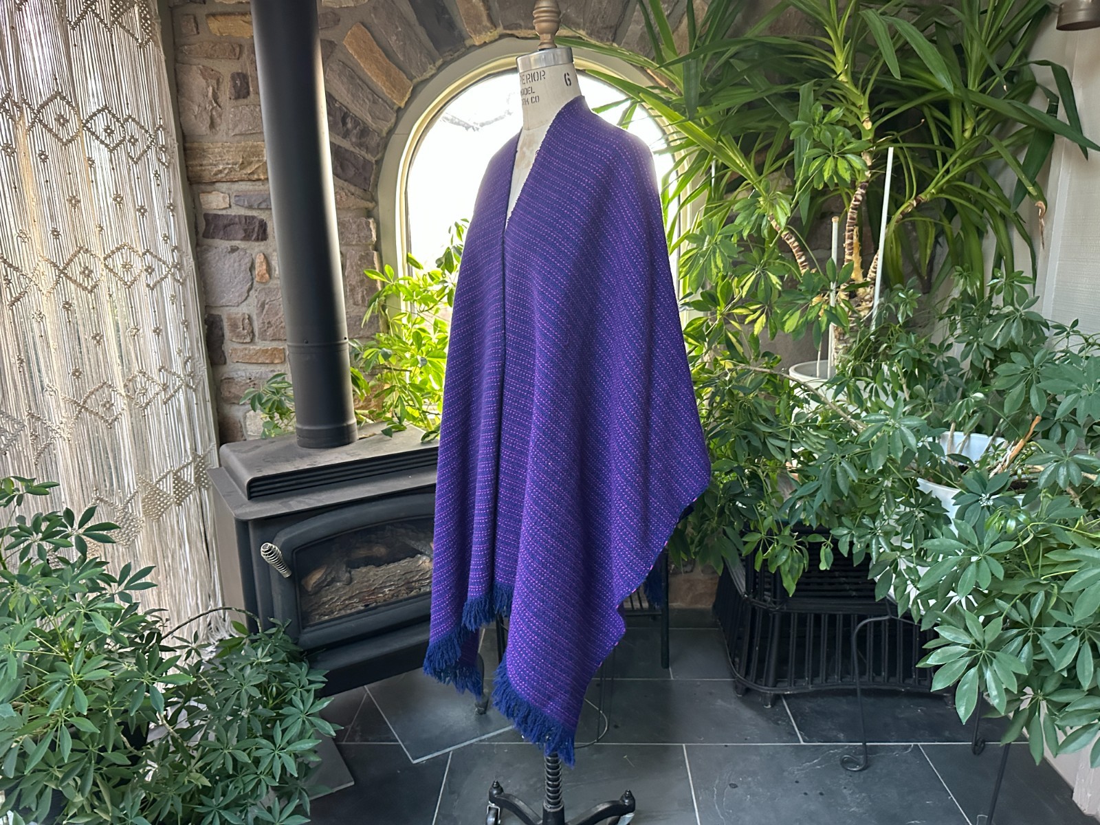 Vintage Bohemian Blue and Pink Hand Woven Stripe Wool Poncho Cape Shawl