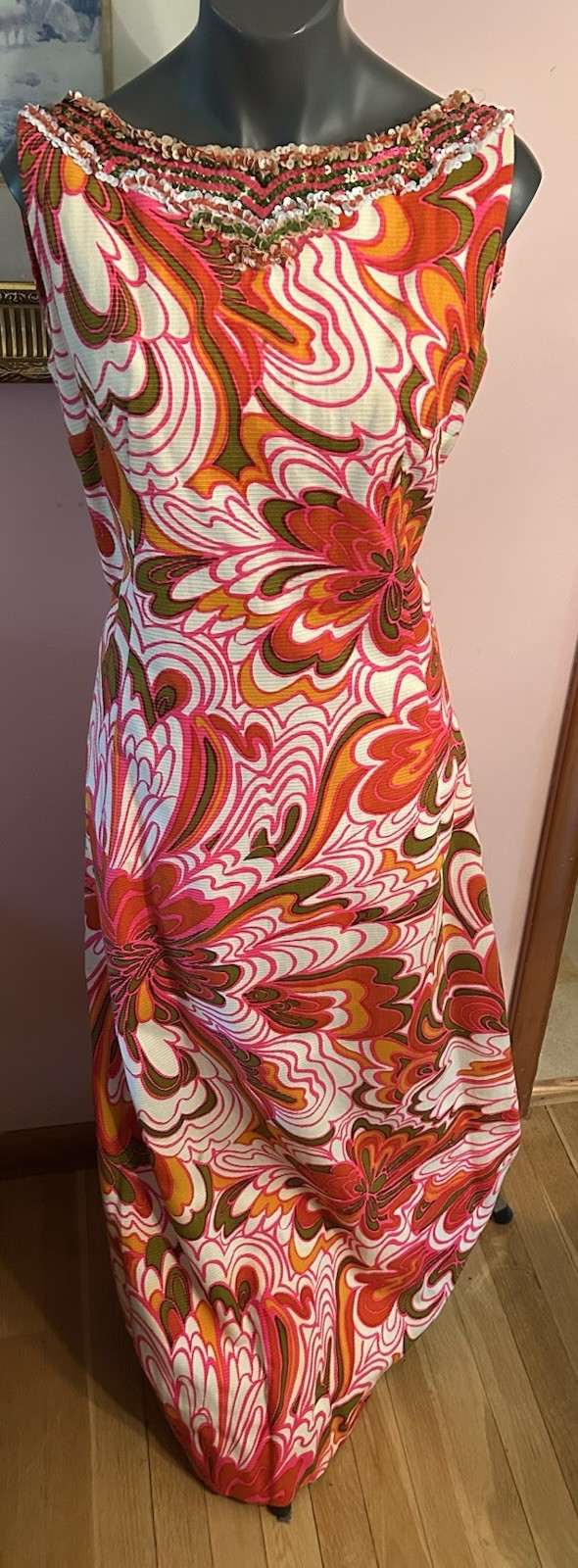 Vintage Cameo Psychedelic Maxi Dress 10 Orange White Pink Cotton Sequins Trim