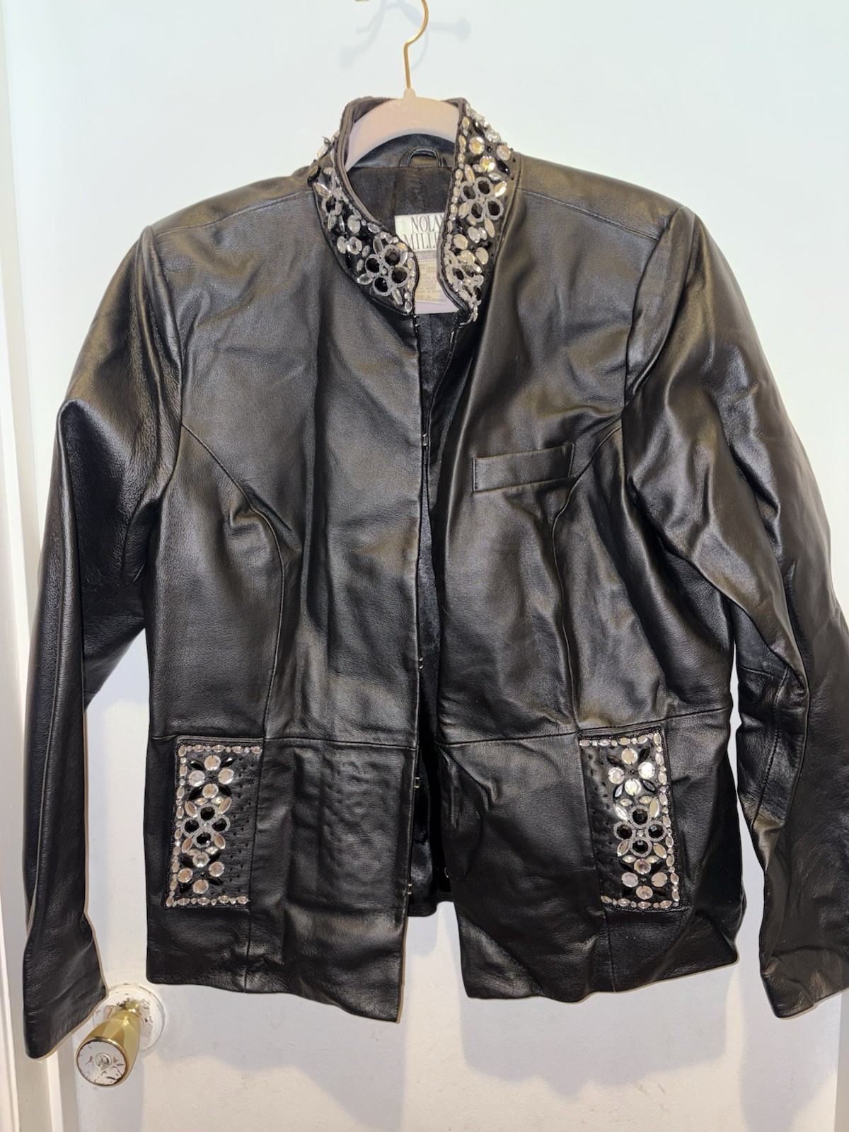 NWOT Nolan Miller Black 💯% Leather Jacket With Rhinestones Size Large *Vintage*