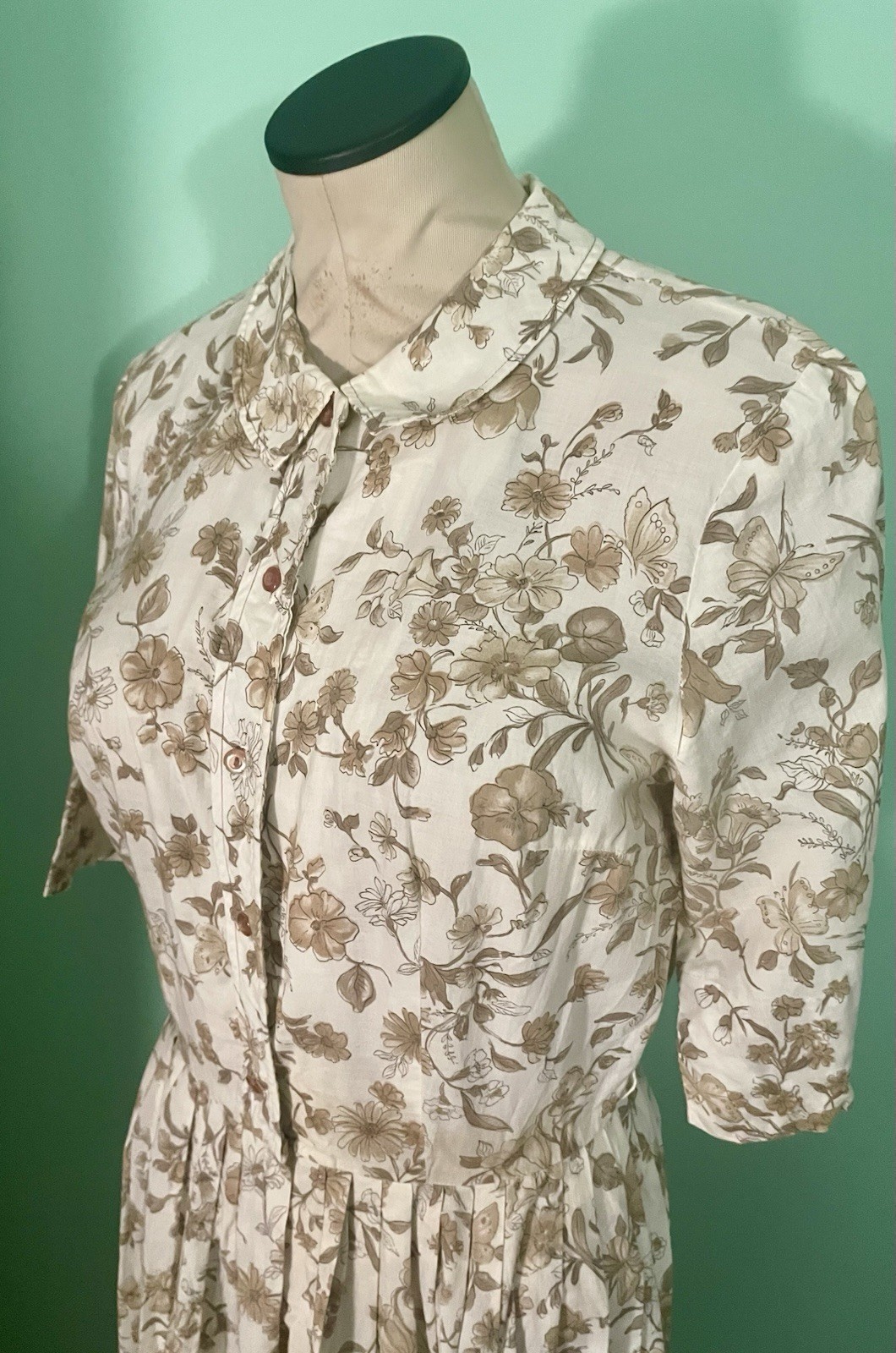 Vintage 1960s Cos Cob Cream Tan Floral Shirtwaist Pleated Dress Womens 8 Cotton