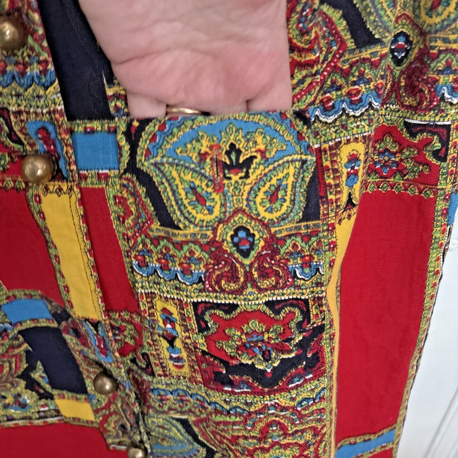 Vintage Tunic Vest Top L California 1970 Pop Color Groovy Paisley Brass Buttons