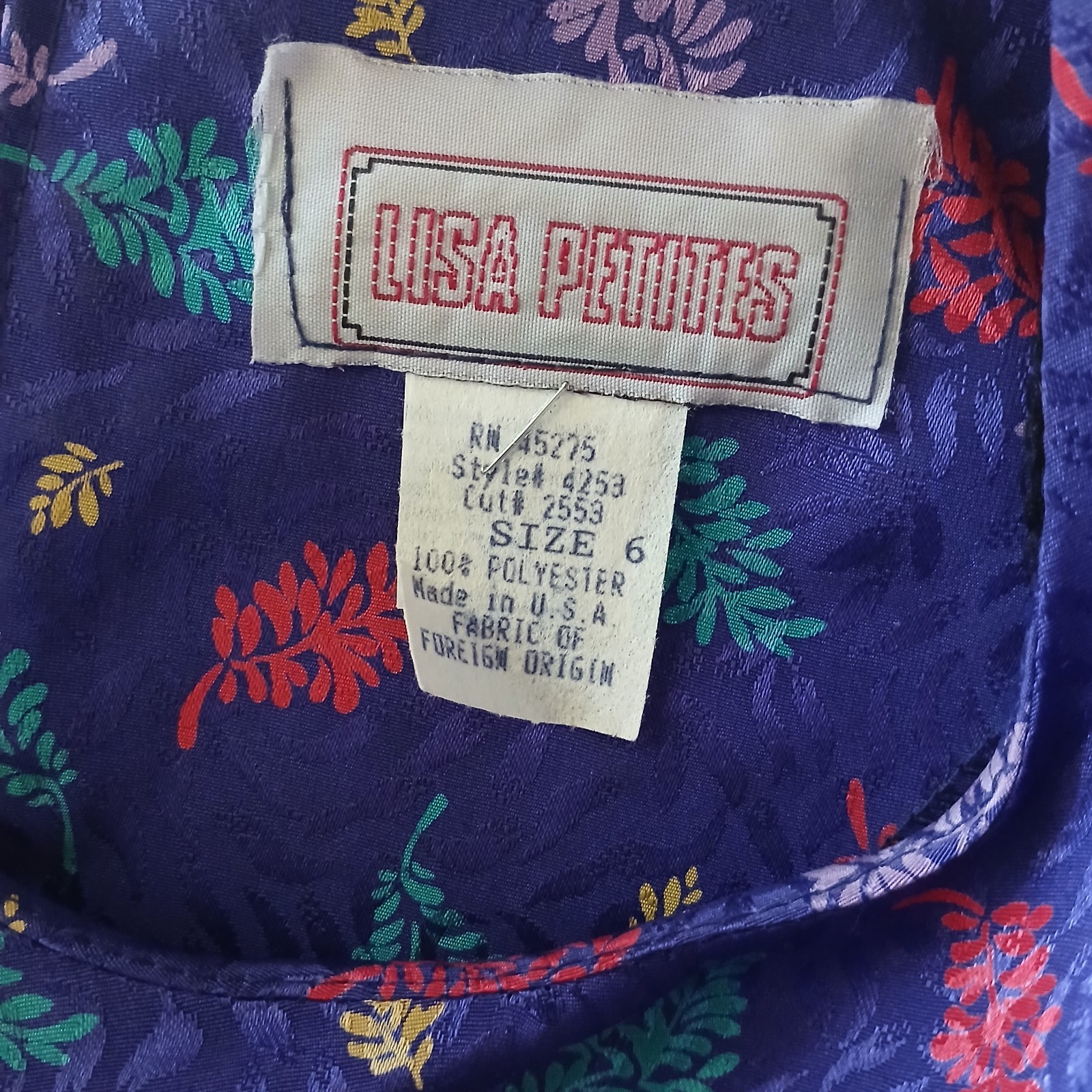 Vintage 80’s Lisa Petites Blue Leaf Dress w/Hip Ruffles Women’s Size 6