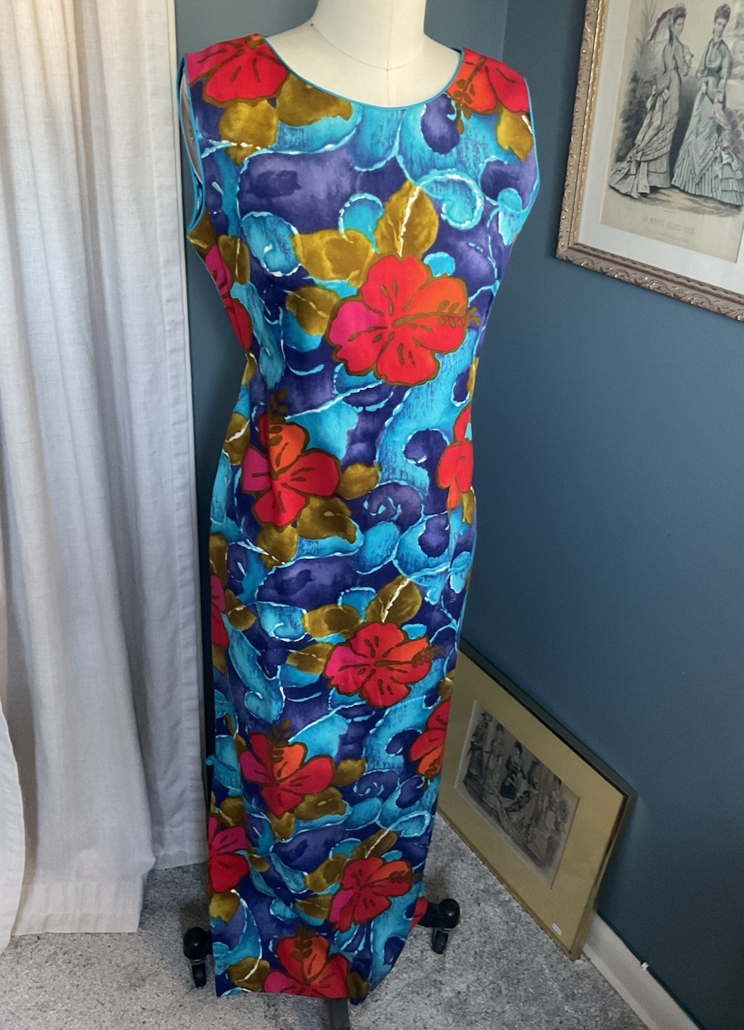 VTG 60s Hawaiian Sheath Dress Maxi Orange White Tropical Floral Sleeveless Small