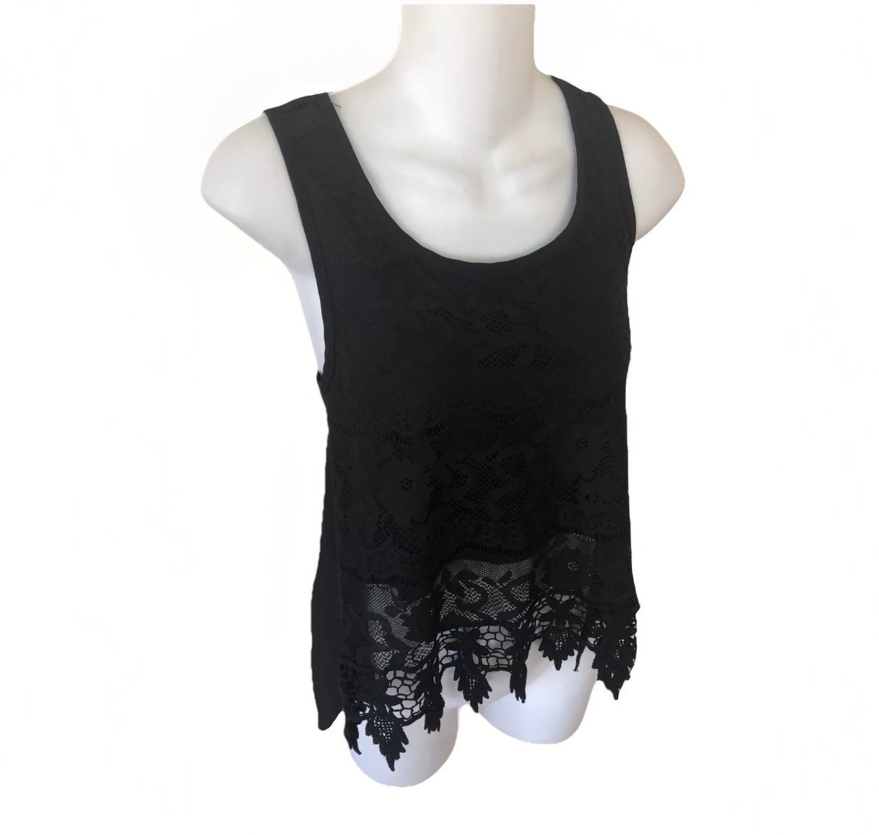 Vtg 90’s Y2K Black Mesh Lace & Crochet Tank Top Grunge Rock Goth Sz M Split Back