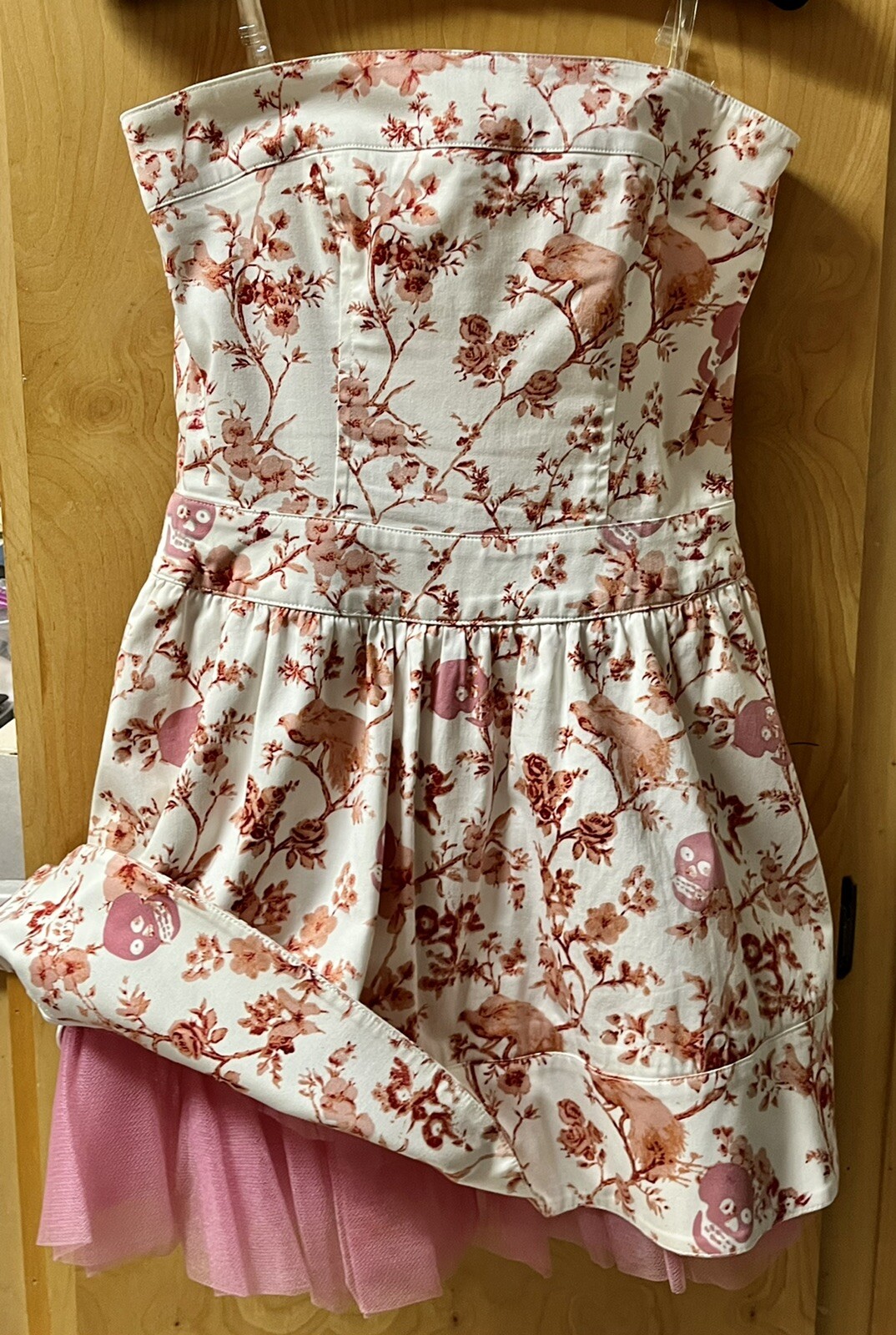 Betsey Johnson Vintage Pink White Tulle Skulls Blossoms Mini Dress Rare Size 2