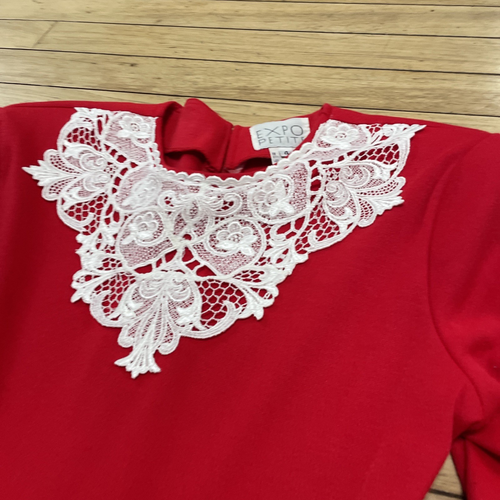 Expo Petite Vintage 1980’s Lace Trim Red Praire Dress Women 4 Wool Zip Made USA