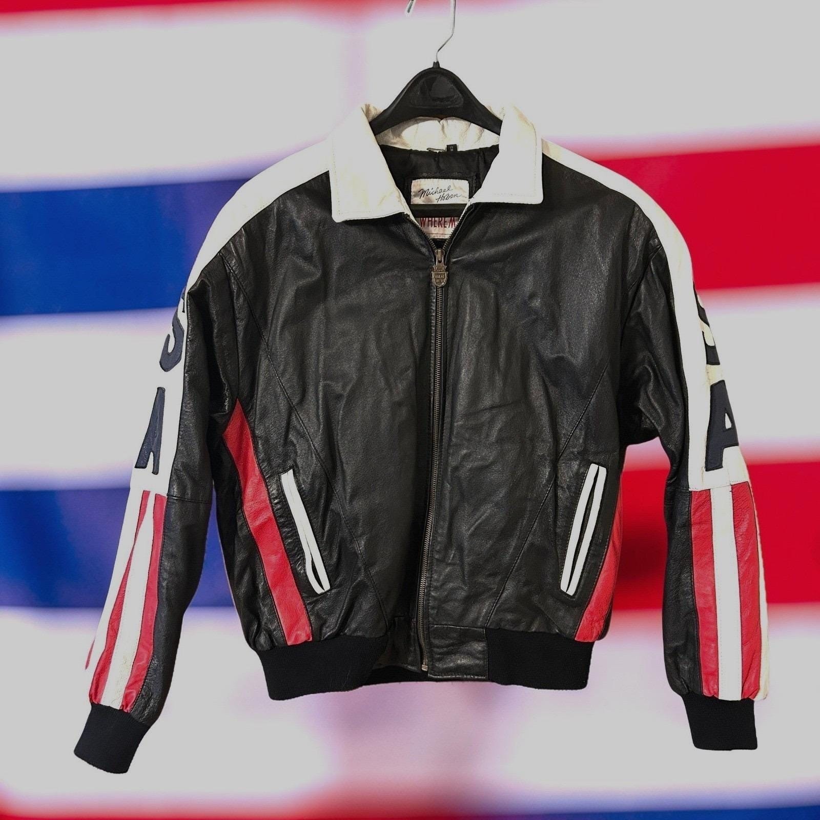 Vintage Michael Hoban WhereMI USA Flag Leather Jacket Large