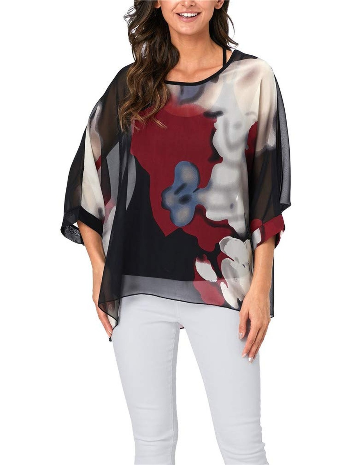 Plus Size Floral Chiffon Batwing Sleeve Tunic Blouse Boho Off-Shoulder Beach …