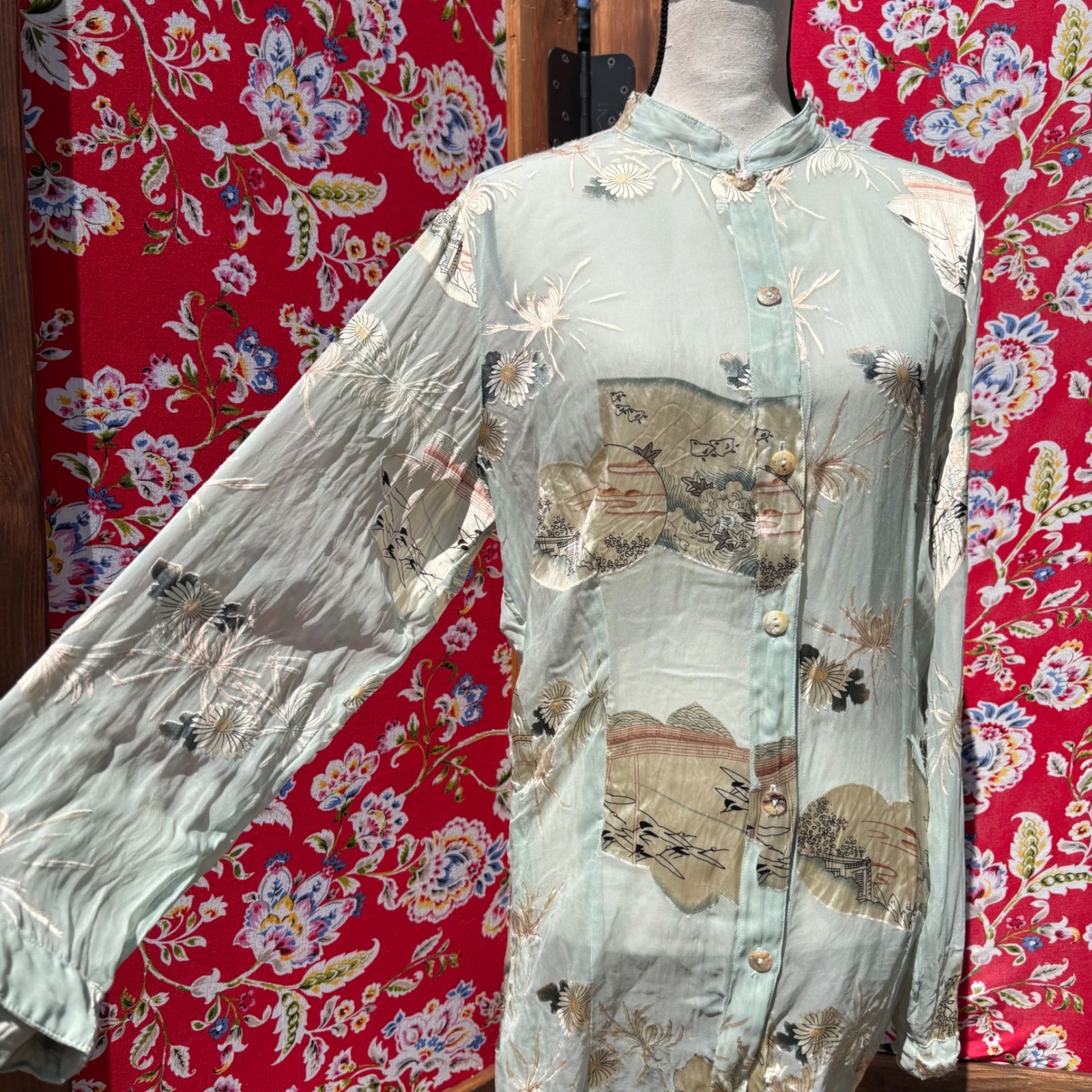 Vintage Semi Sheer Beachy Coastal Button Front Boho Blouse Size L