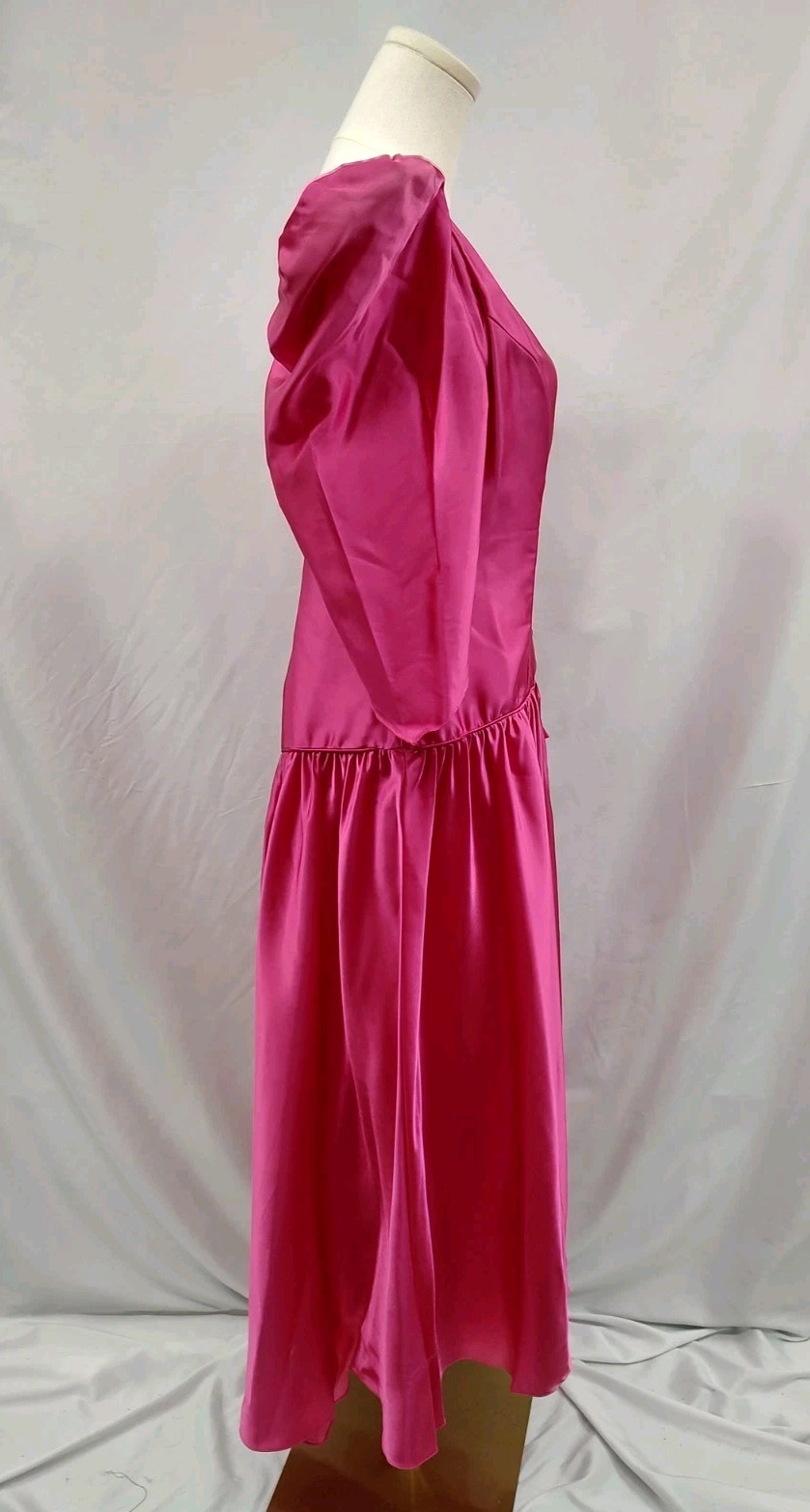 80’s Vintage Dress Hot Pink Liquid Satin Shine Puff Sleeve Bow V Back Gown 13/14