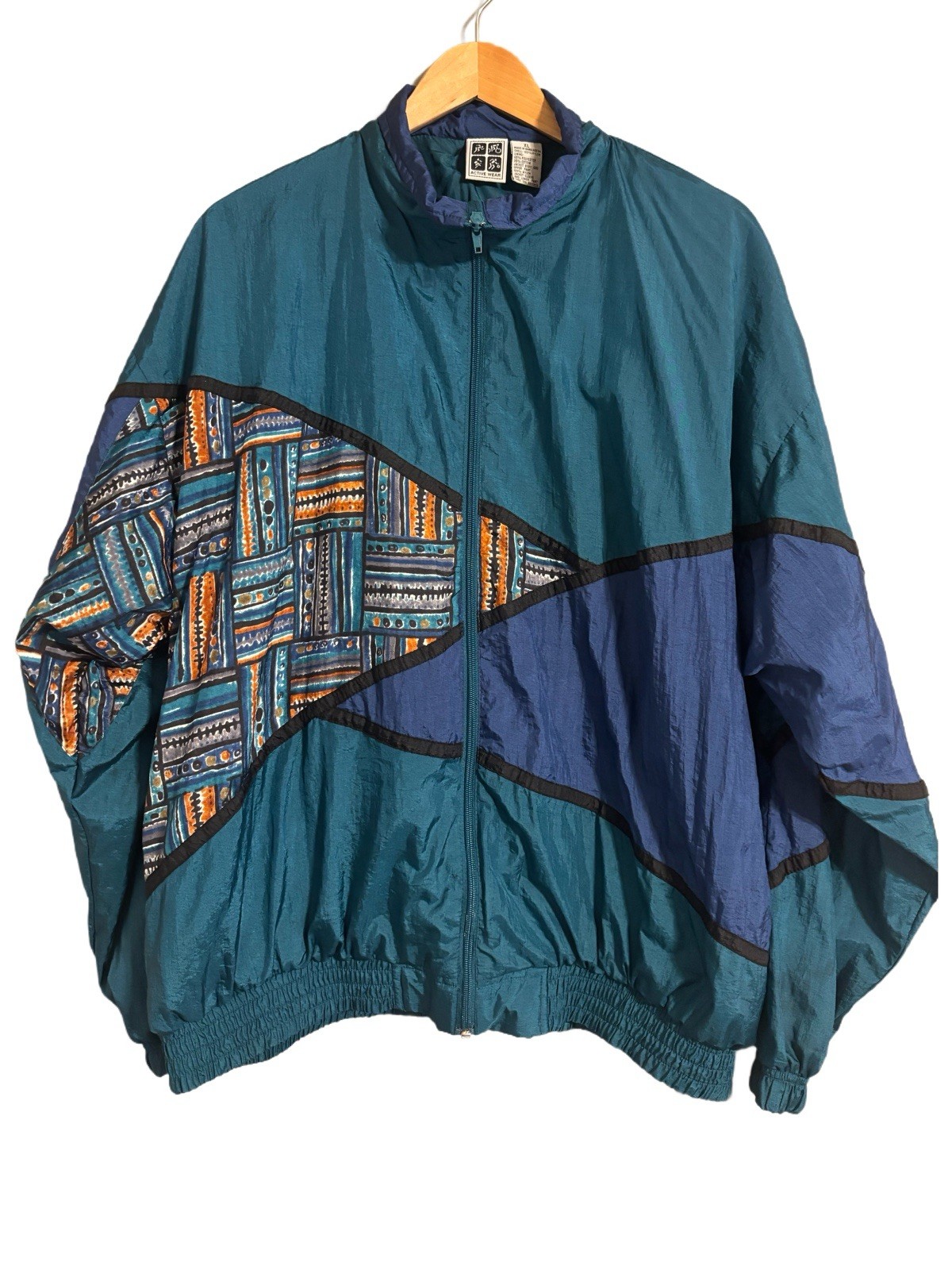 Hello 80’s Teal & Indigo Retro Pattern Windbreaker Active Wear Size Unisex XL