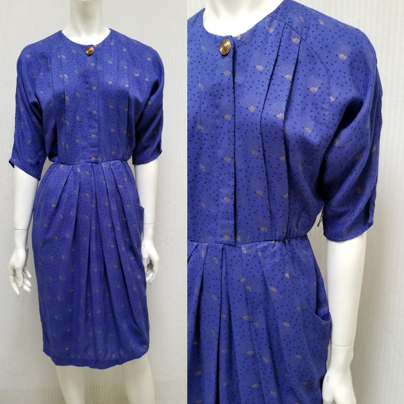 Vintage 80/90’s Positive Influence Purple Gold Print Rayon DRESS – Size S – EUC