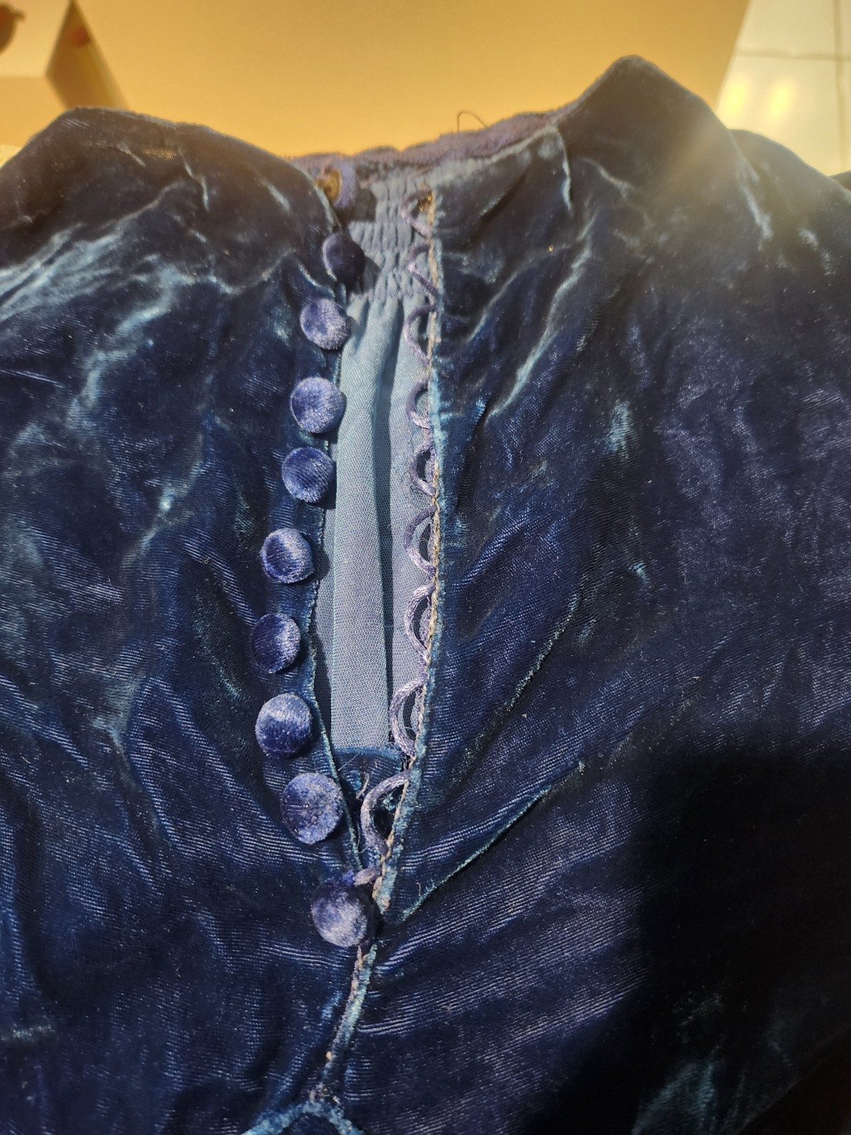 True Very Vintage Blue Velvet Bias Cut Gown*Gown In Gd Condition*Covered Buttons