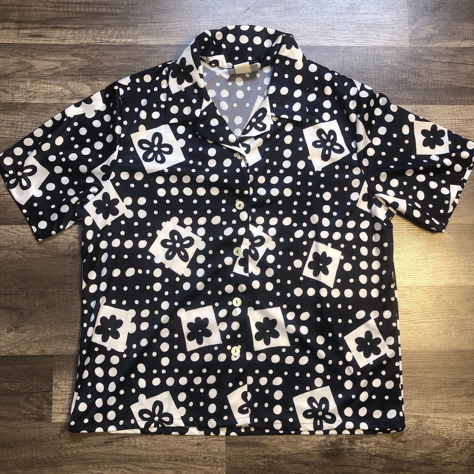VTG 80s BLAIR Polyester Smock Shirt Womens M Blue Floral Short Sleeve Button Up