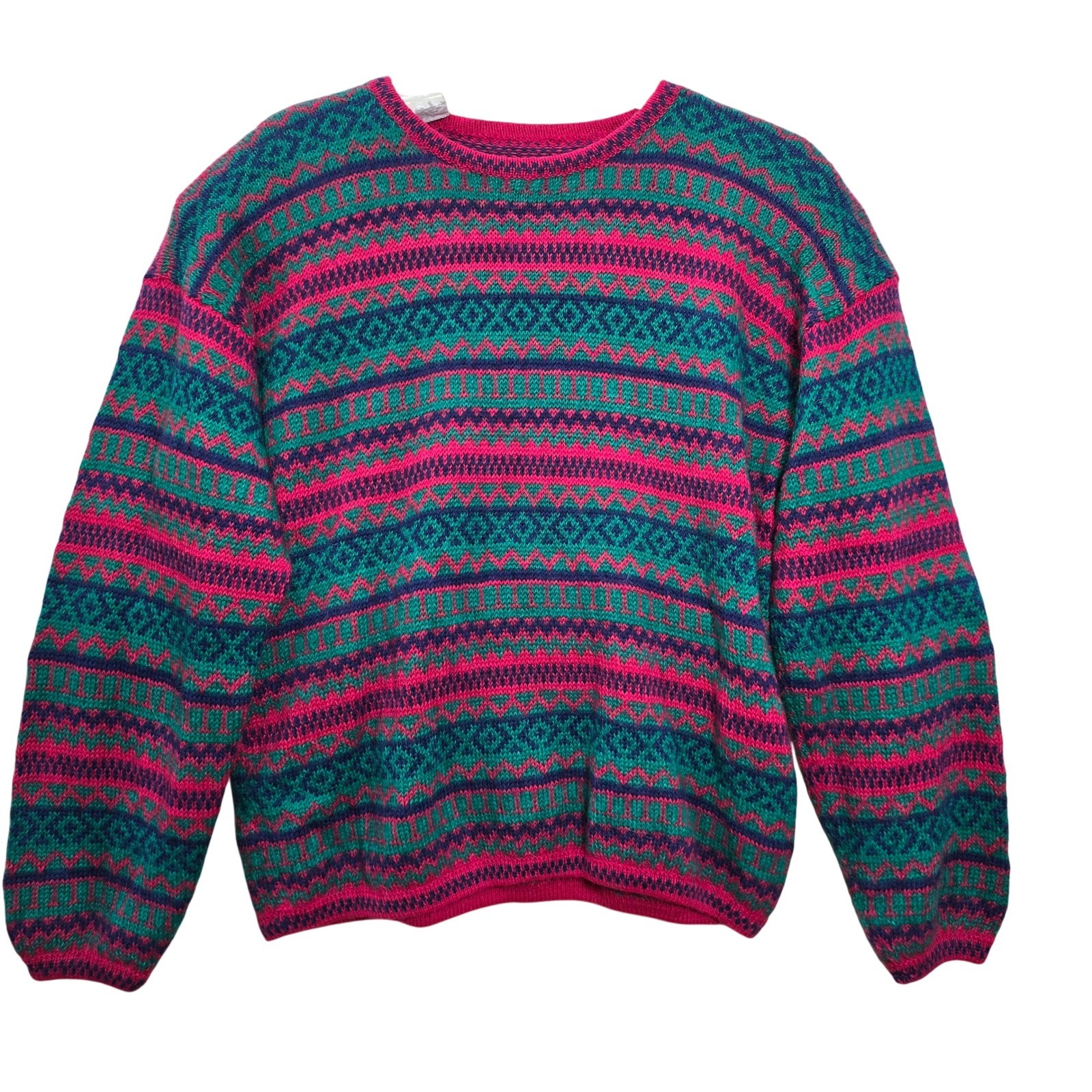 Vintage 100% Alpaca Wool Fair Isle Sweater Pink Green Made in Peru Grandpa