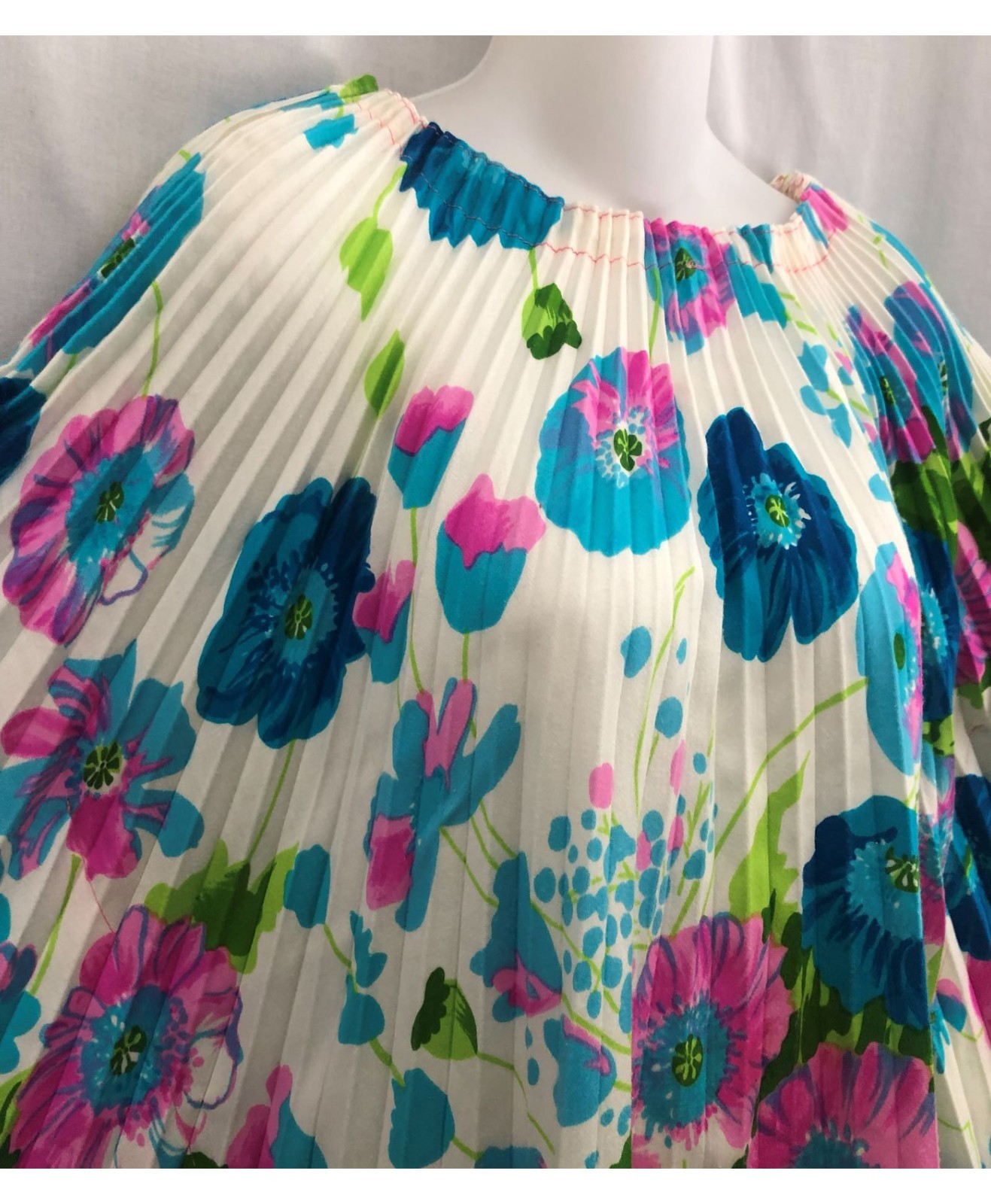 Vintage 70s Neon Floral Caftan Tunic Accordion Pleat Size S-M