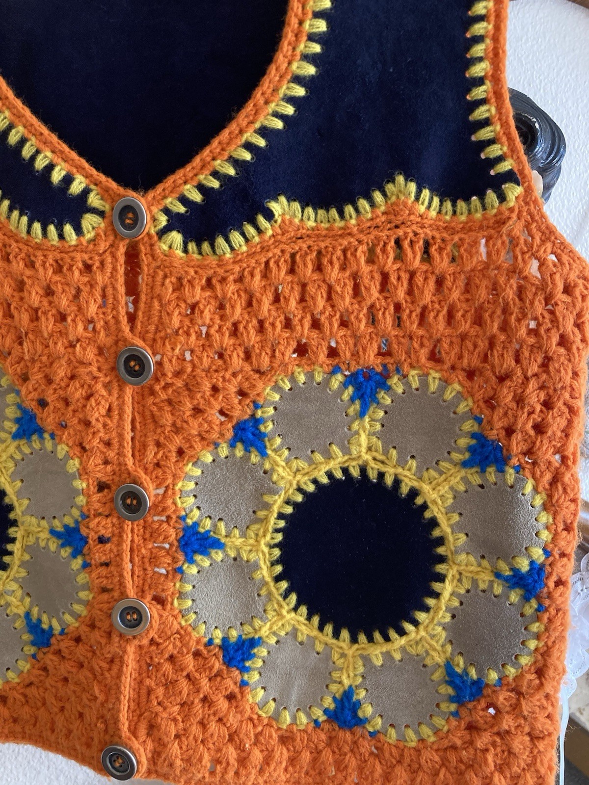 1970s Flower Power Suede Crochet Vest – Bust 34in