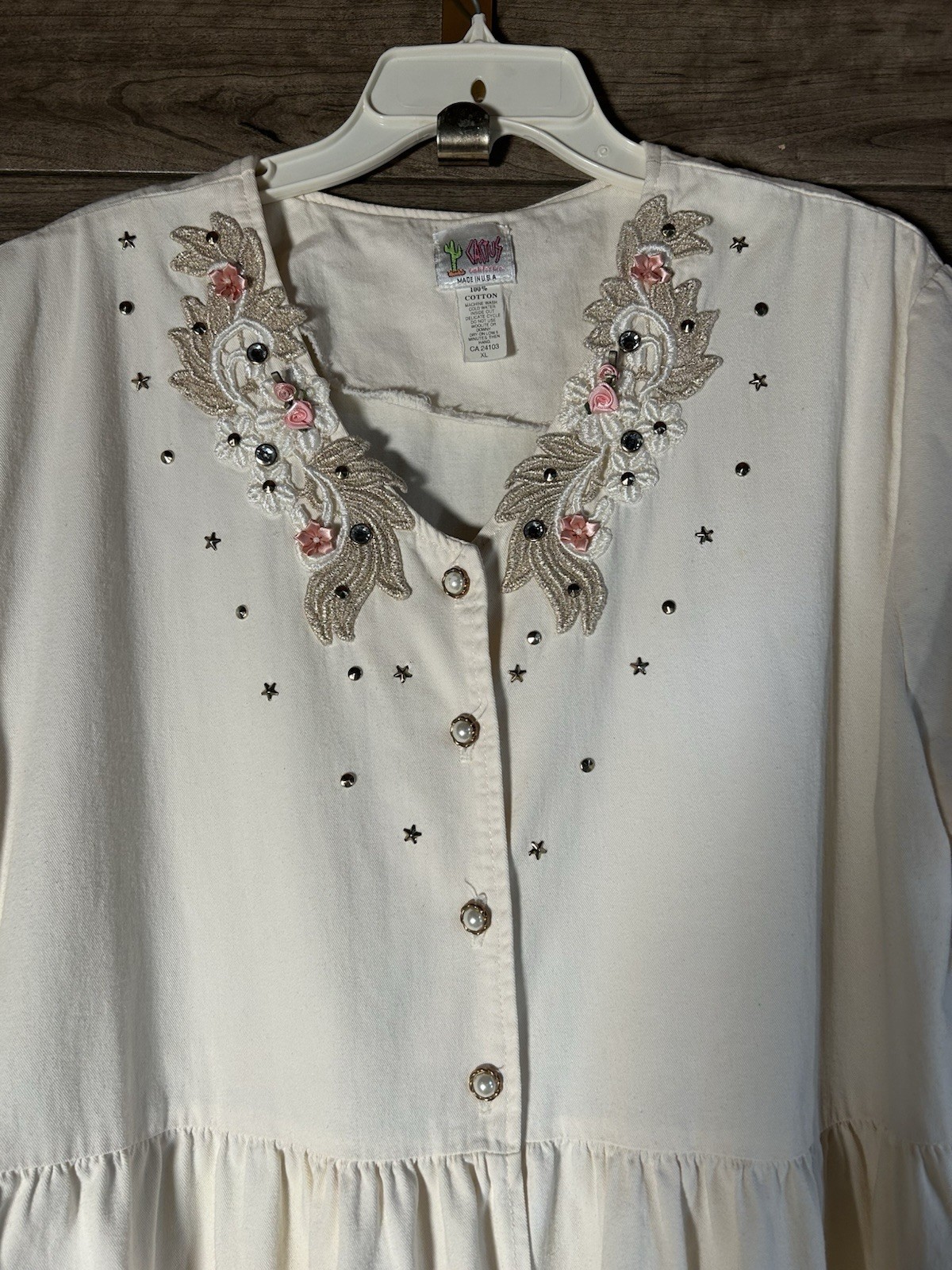 Country ChicCreamColored Denim Dress PearlButtons Appliqué Bedazzled VTG 80-90s