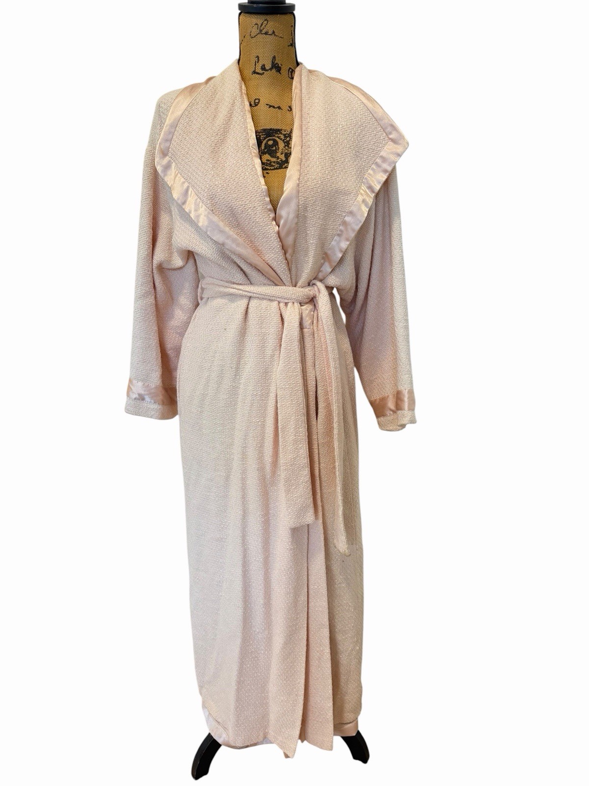 Vintage Valentino Intimo Pink Robe L Union Made USA Satin Trim Belt Long Bridal