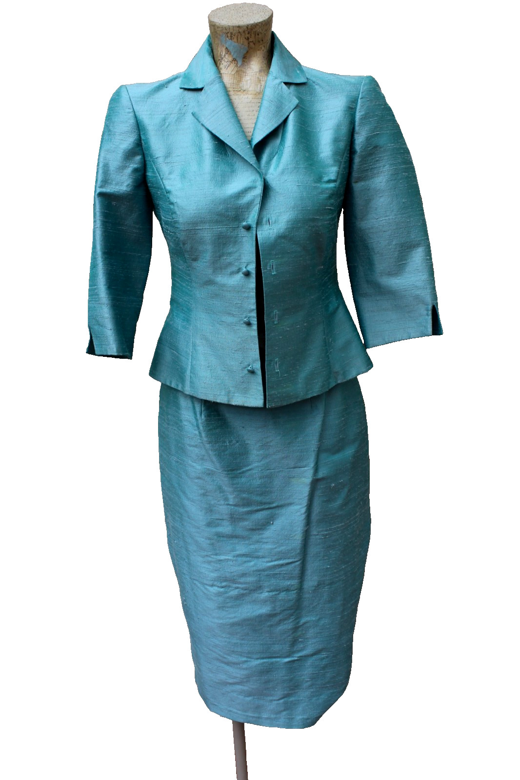 Vintage Watters & Watters Aqua Blue 100% Silk Skirt & Jacket Suit – Sz 4 – USA