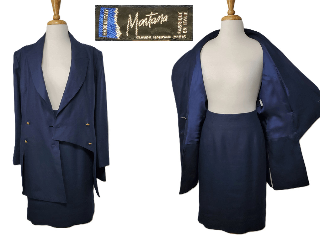 Vintage 80s CLAUDE MONTANA Power SUIT Boom Boss Woman Corp Blue Italy Sz M L 12