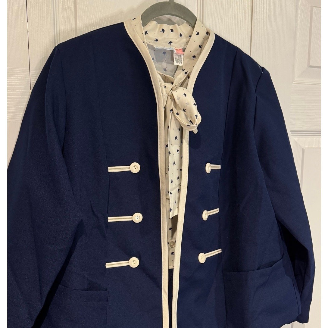 Vintage Lorac Original Lady Carol Navy Cream Dress Jacket Set XL Retro Office